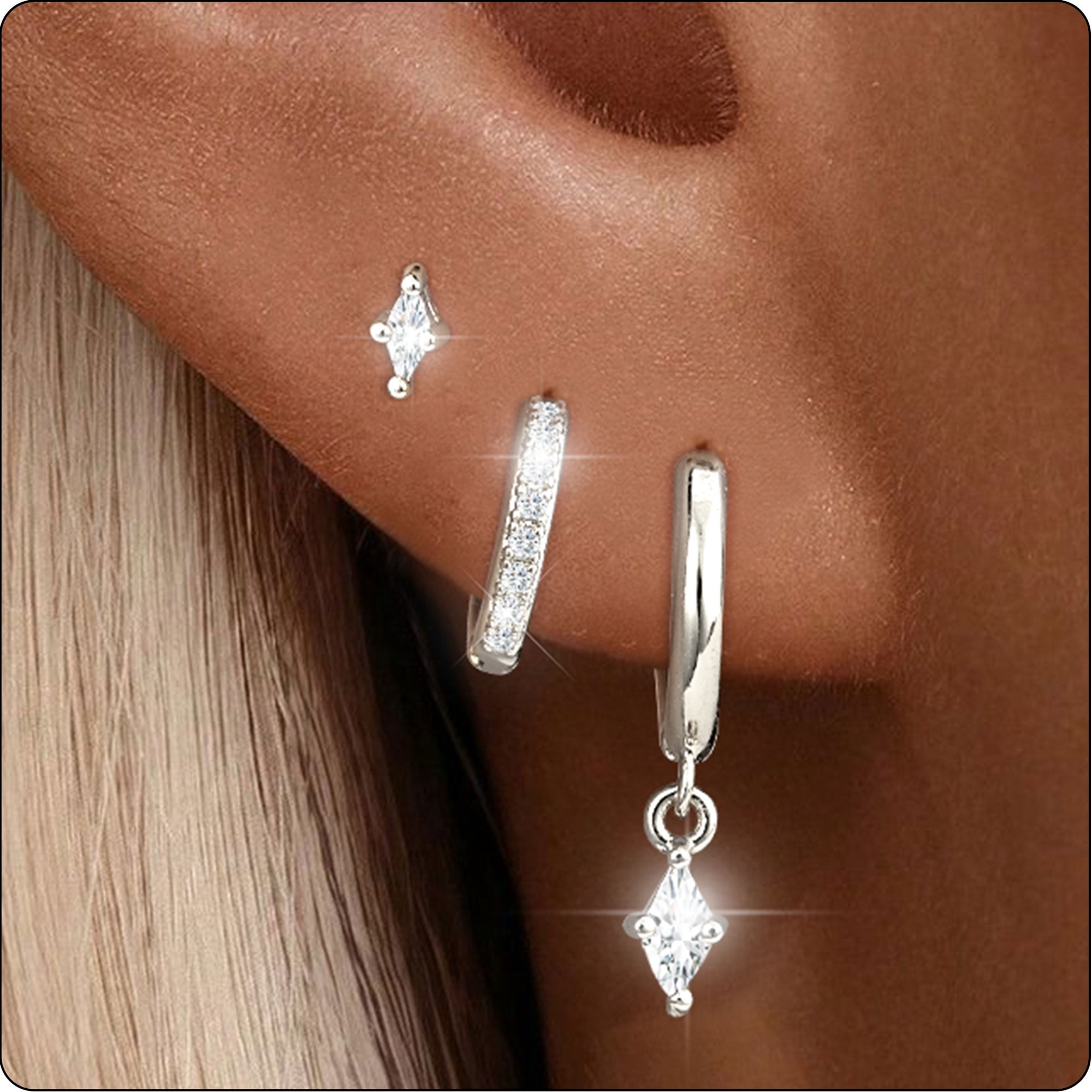 LUNVKY 3 Pairs Hoop Earrings for Women CZ Small Huggie Cartilage S925 Sterling Silver Post Hypoallergenic Stud Earring Sets for Multiple Piercing Birthday Graduation Jewelry Gifts Teen Her Mom Adults