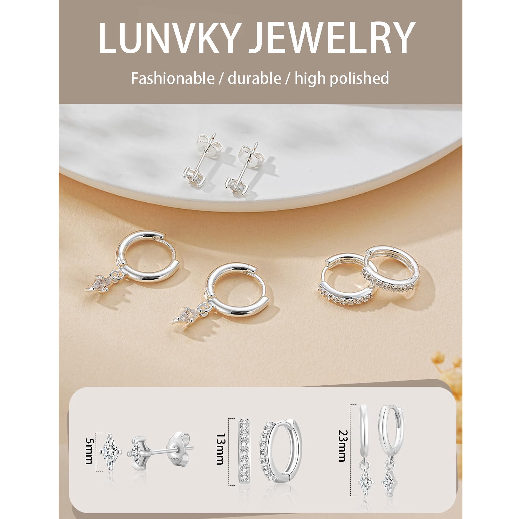 LUNVKY 3 Pairs Hoop Earrings for Women CZ Small Huggie Cartilage S925 Sterling Silver Post Hypoallergenic Stud Earring Sets for Multiple Piercing Birthday Graduation Jewelry Gifts Teen Her Mom Adults - Image 2