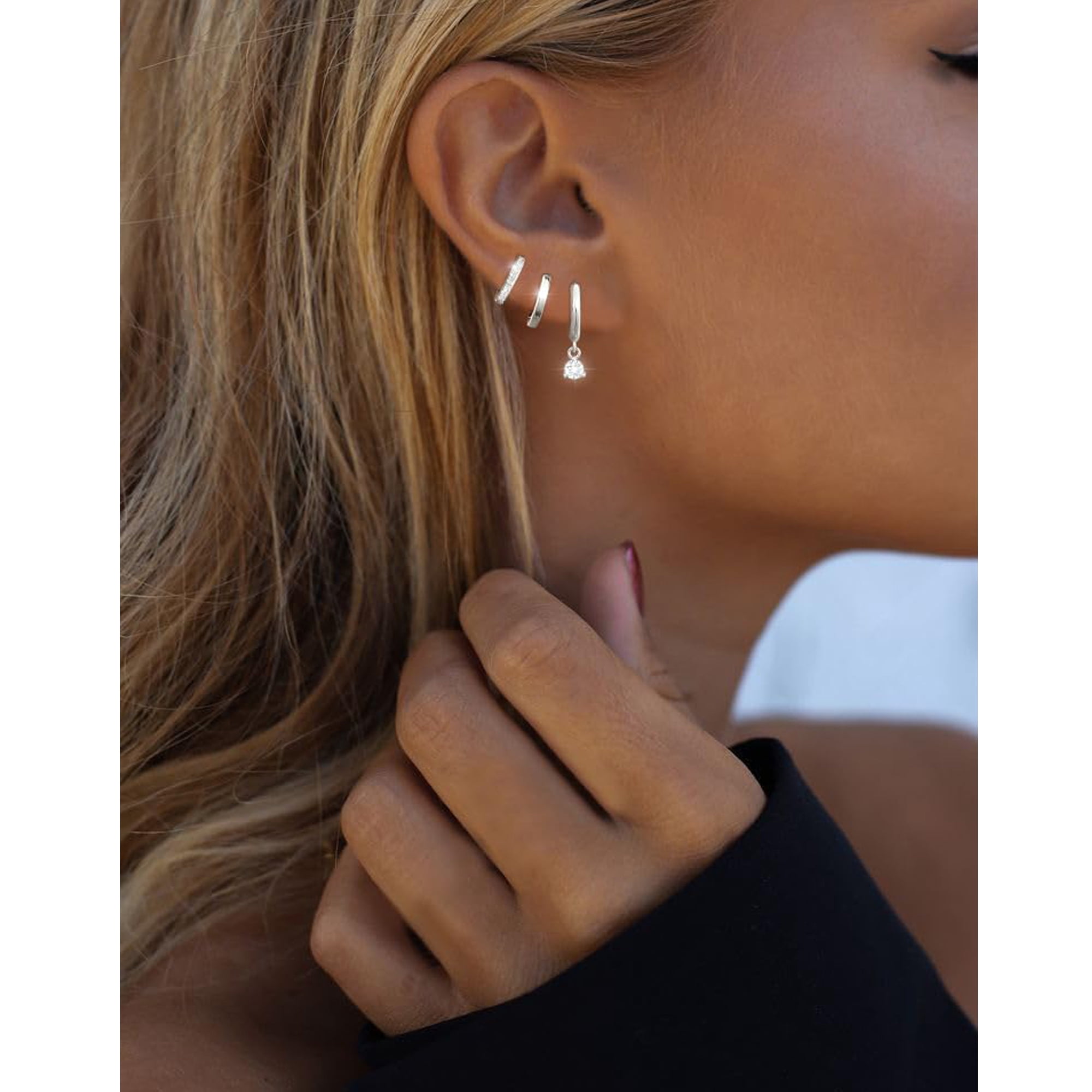 LUNVKY 3 Pairs Hoop Earrings for Women CZ Small Huggie Cartilage S925 Sterling Silver Post Hypoallergenic Stud Earring Sets for Multiple Piercing Birthday Graduation Jewelry Gifts Teen Her Mom Adults - Image 5
