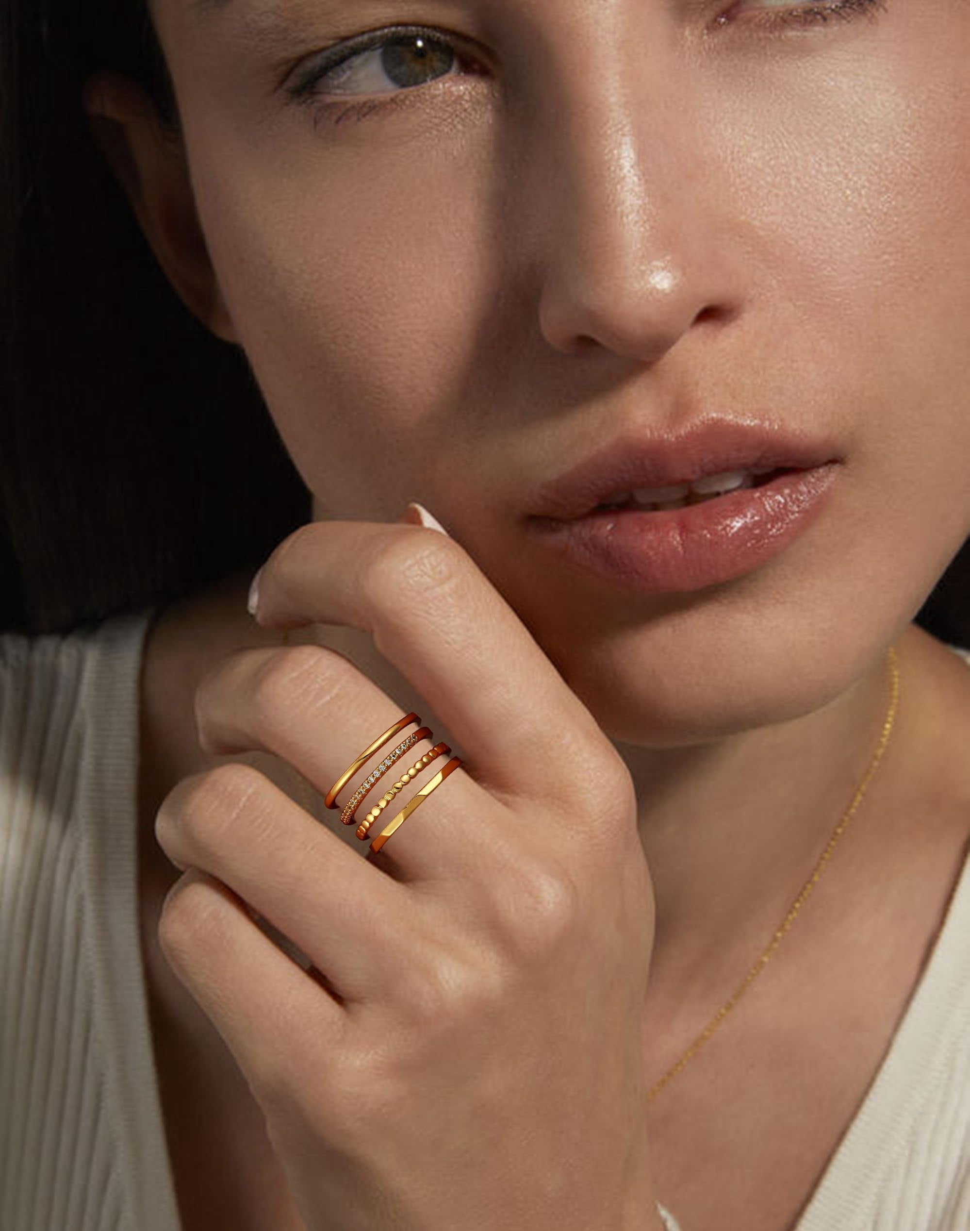 LUNVKY 4PCS 18K Gold Plated Rings for Women Non Tarnish Fashion CZ Pinky Stackable Ring Set Wedding Birthday Graduation Jewelry Gifts Her Teen Mom Adults Girlfriend Ideas Size 5/6/7/8/9 - Image 5