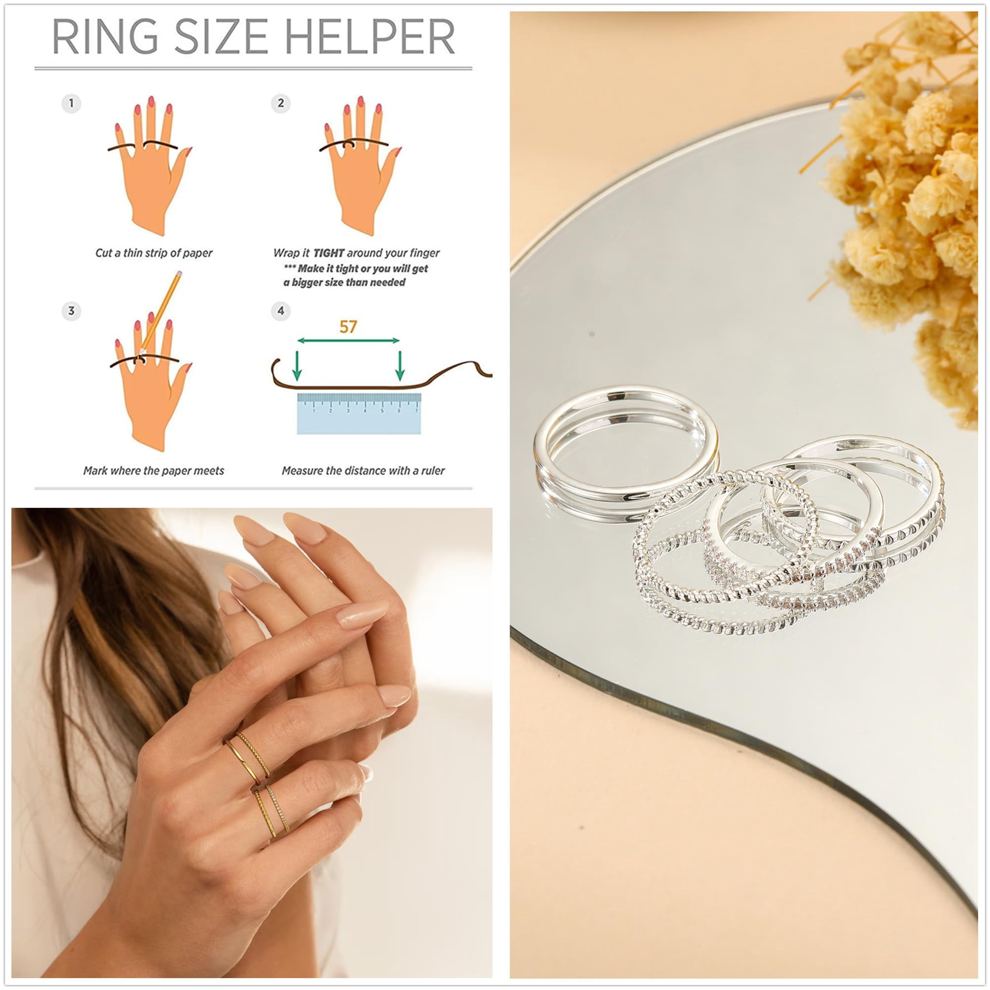 LUNVKY 4PCS 18K Gold Plated Rings for Women Non Tarnish Fashion CZ Pinky Stackable Ring Set Wedding Birthday Graduation Jewelry Gifts Her Teen Mom Adults Girlfriend Ideas Size 5/6/7/8/9 - Image 3