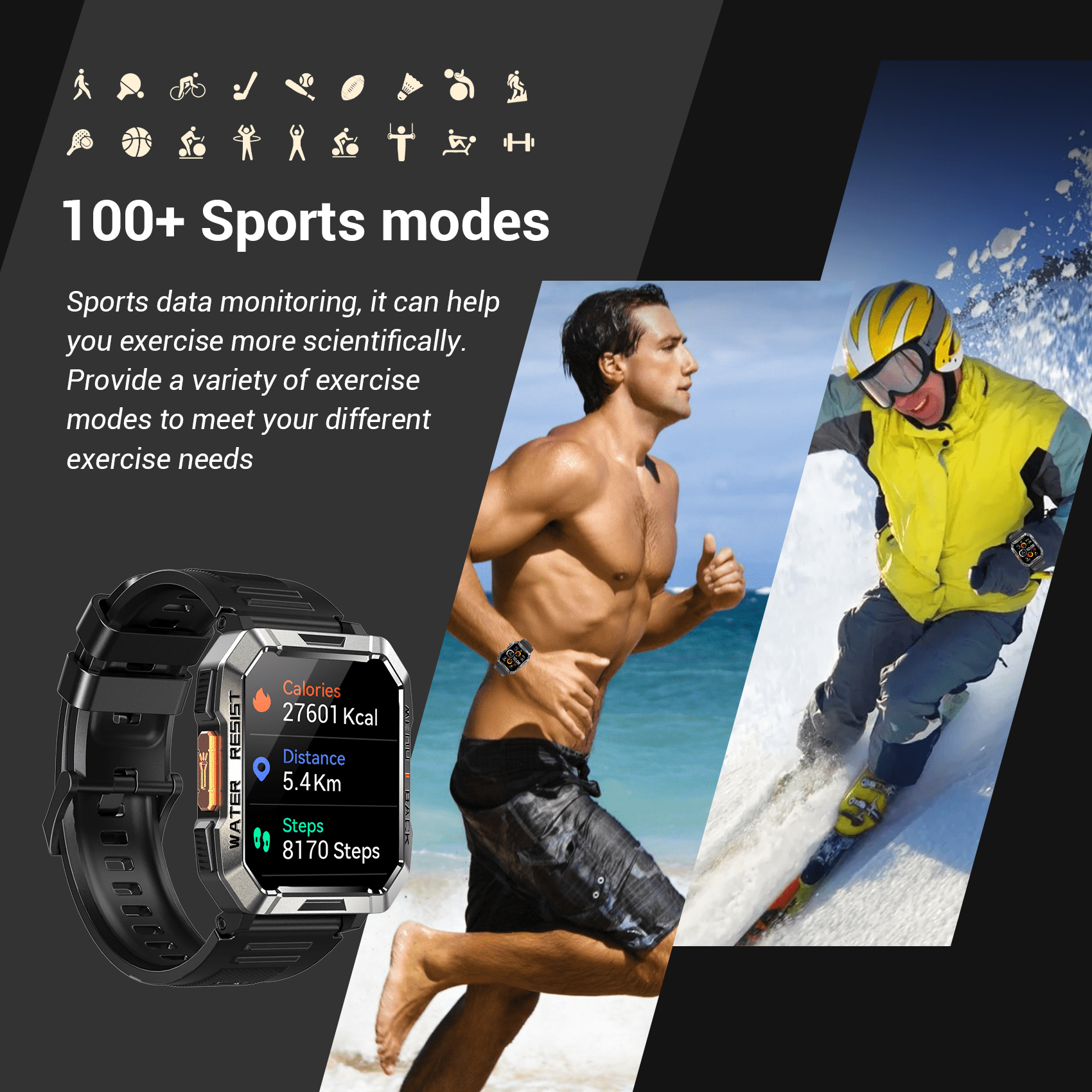 LUOMATE 2.01" Military Smartwatch for Men, 900mAh Fitness Tracker with Answer/Make Calls, 100+ Sport Modes, IP68 Waterproof, Pedometer, Compatible with Android & iPhone (Black) - Image 4