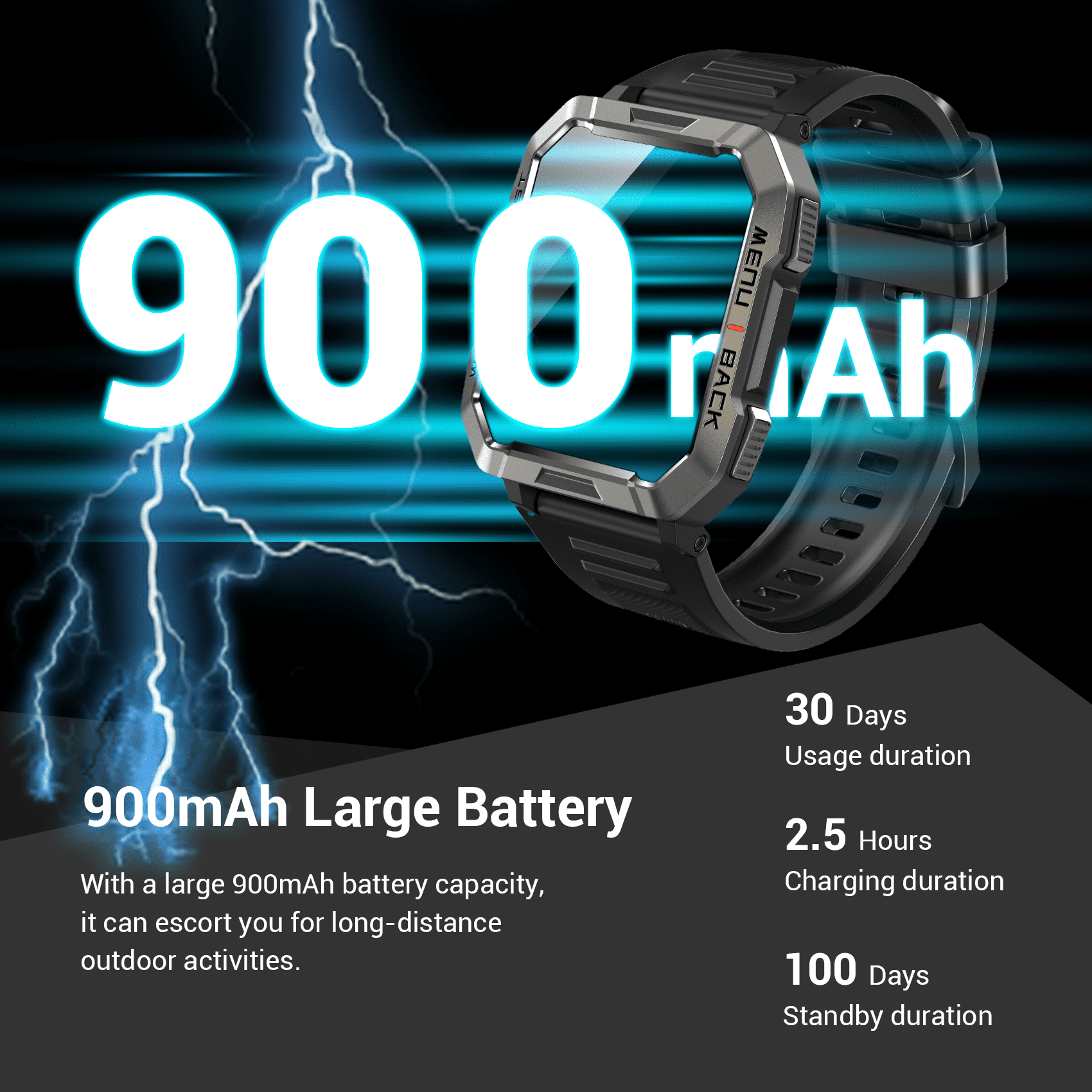 LUOMATE 2.01" Military Smartwatch for Men, 900mAh Fitness Tracker with Answer/Make Calls, 100+ Sport Modes, IP68 Waterproof, Pedometer, Compatible with Android & iPhone (Black) - Image 2