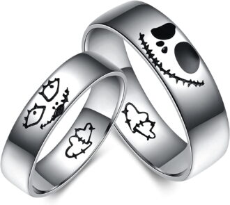 MAVLLY Jack and Sally Ring Titanium Steel Ring Nightmare Before Christmas Ring Gifts Jewelry Valentine Anniversary Birthday Gifts for Couple Women Men (1pcs）