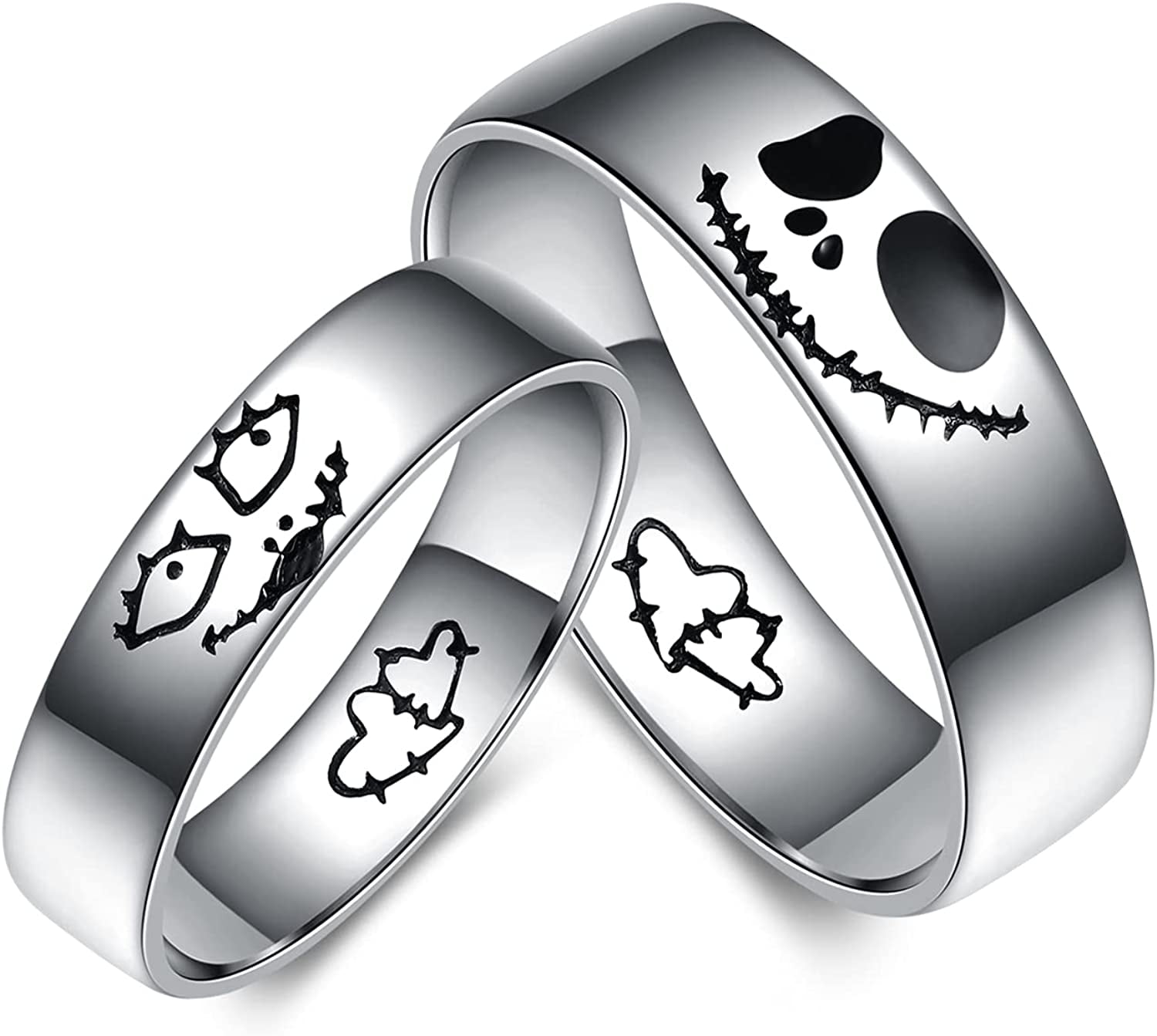 MAVLLY Jack and Sally Ring Titanium Steel Ring Nightmare Before Christmas Ring Gifts Jewelry Valentine Anniversary Birthday Gifts for Couple Women Men (1pcs)