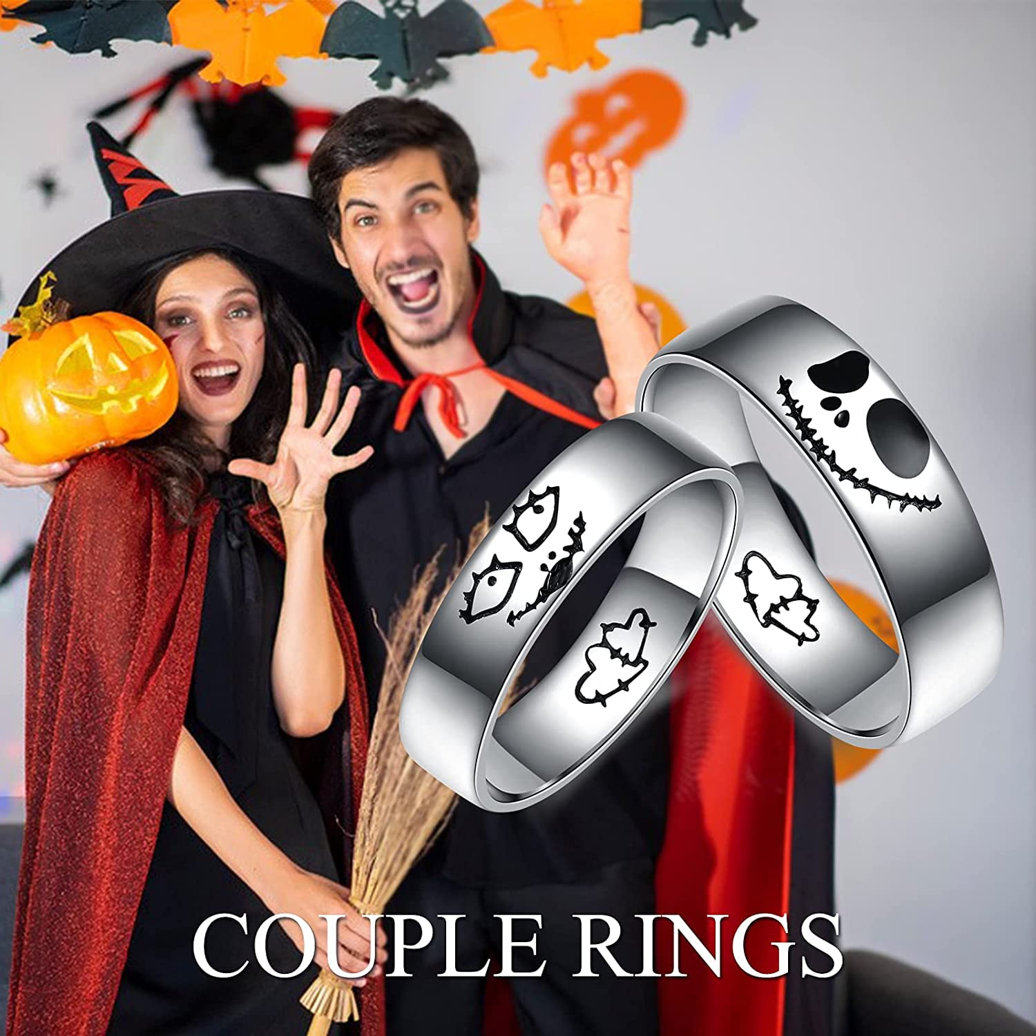 MAVLLY Jack and Sally Ring Titanium Steel Ring Nightmare Before Christmas Ring Gifts Jewelry Valentine Anniversary Birthday Gifts for Couple Women Men (1pcs) - Image 3