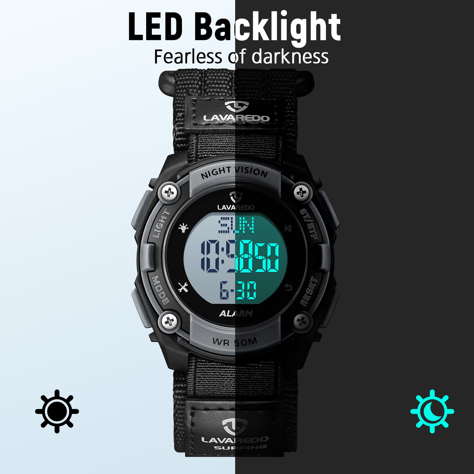 Men's Digital Watch with Nylon Strap – 12/24H Time, Alarm,Stopwatch, LED Backlight Waterproof Man Watch Gift for man Father's Day gift - BlackGrey - Image 5