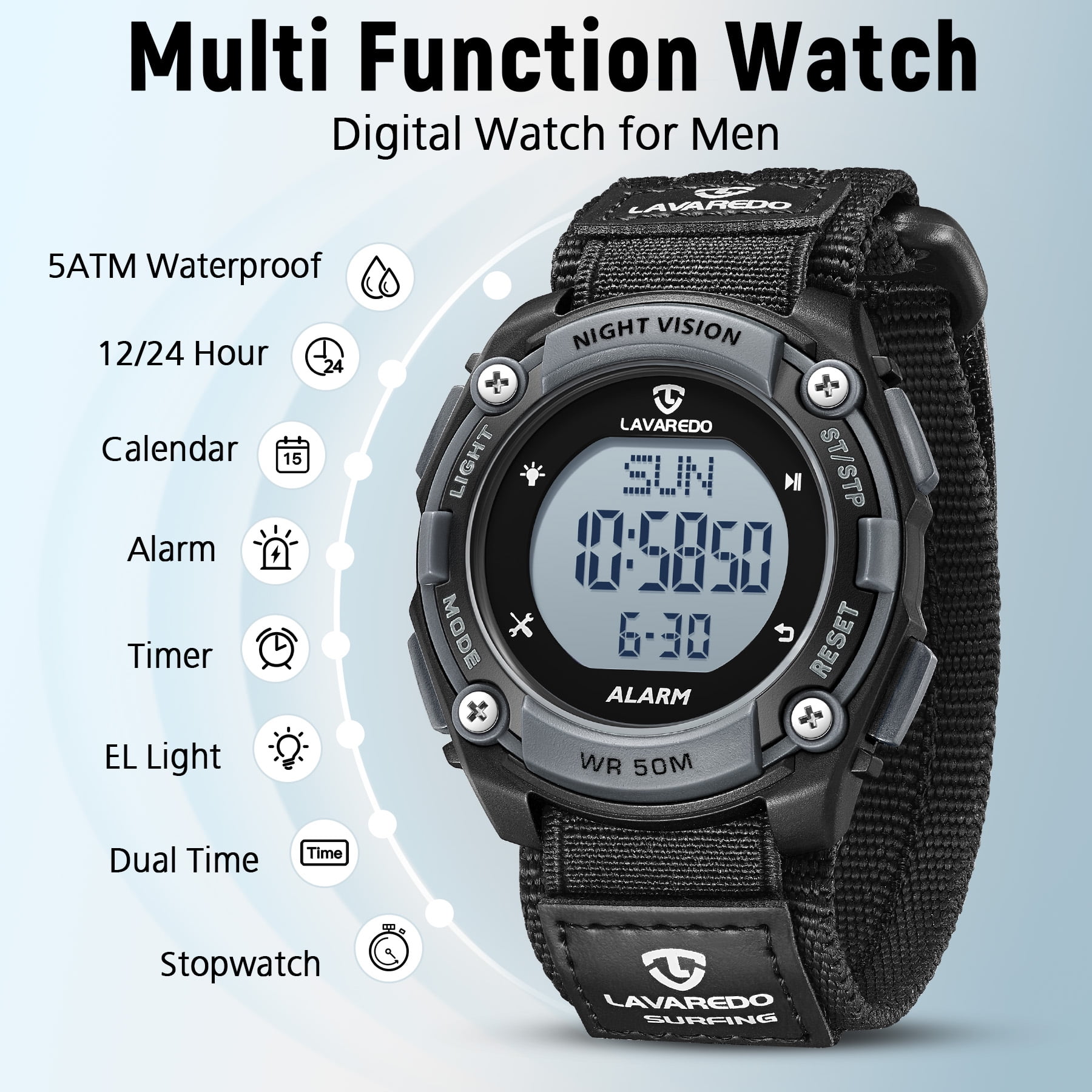 Men's Digital Watch with Nylon Strap – 12/24H Time, Alarm,Stopwatch, LED Backlight Waterproof Man Watch Gift for man Father's Day gift - BlackGrey - Image 2