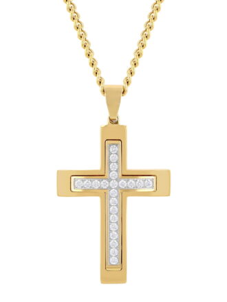 Men's Gold-Tone Stainless Steel Cubic Zirconia Cross Pendant 24" Necklace