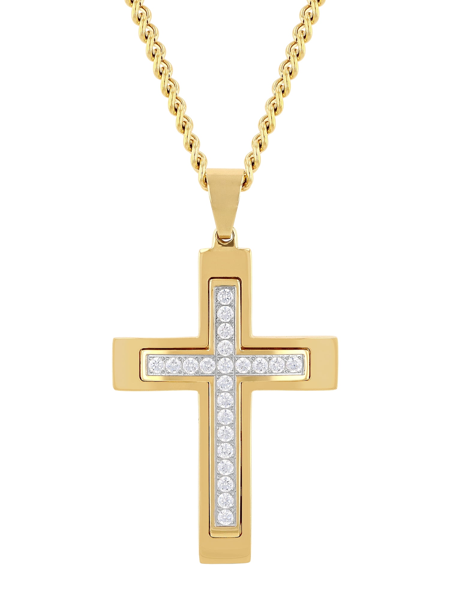 Men's Gold-Tone Stainless Steel Cubic Zirconia Cross Pendant 24" Necklace