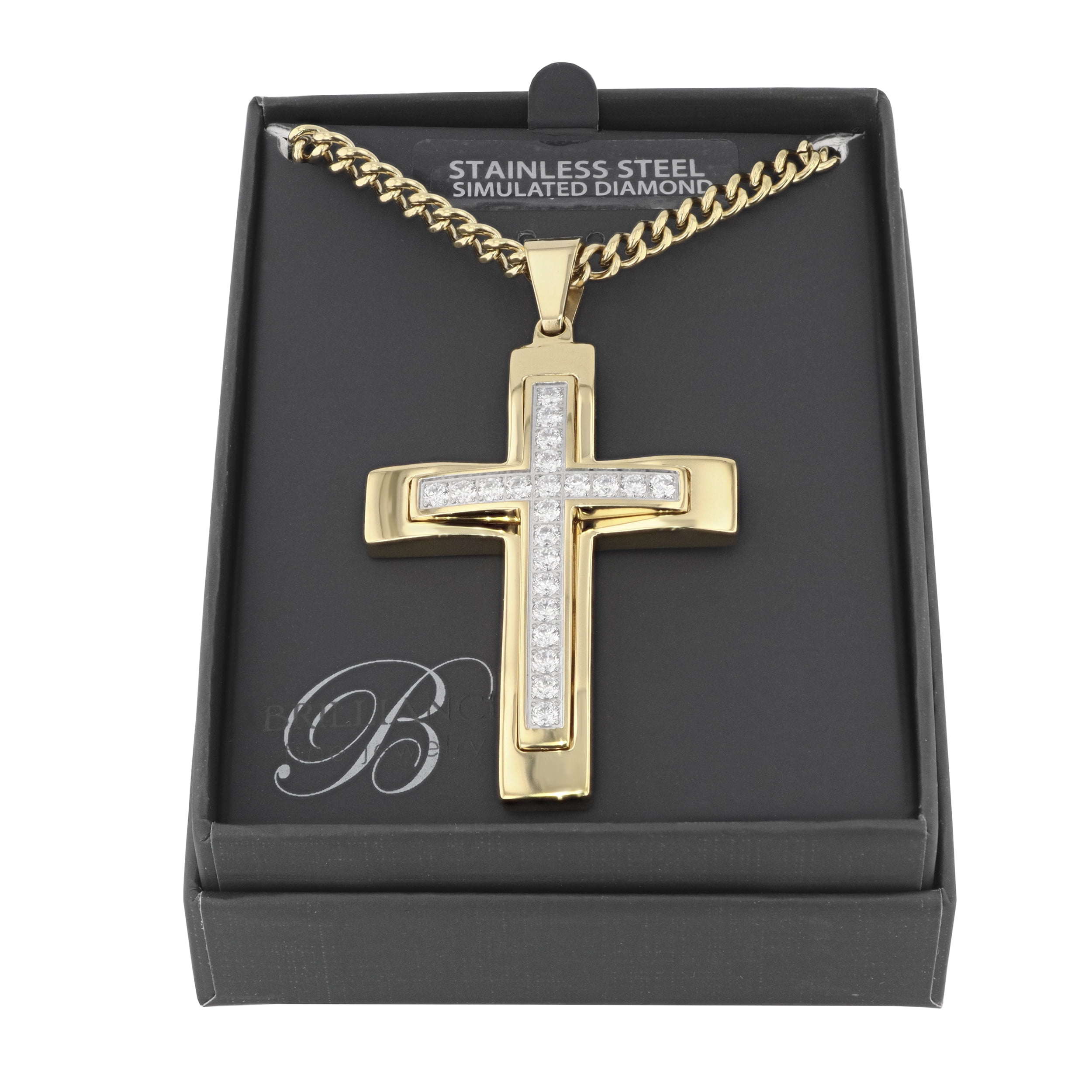 Men's Gold-Tone Stainless Steel Cubic Zirconia Cross Pendant 24" Necklace - Image 2