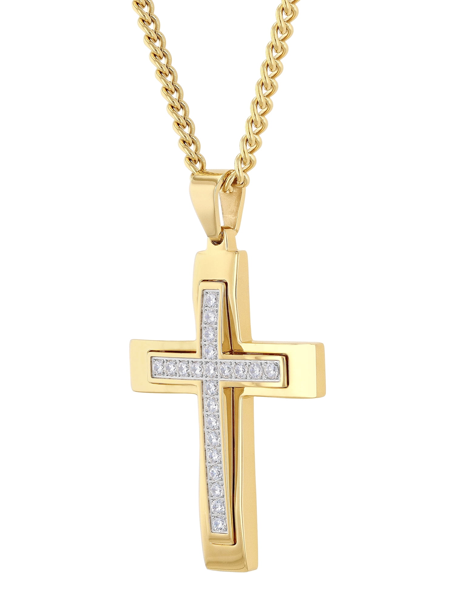 Men's Gold-Tone Stainless Steel Cubic Zirconia Cross Pendant 24" Necklace - Image 3