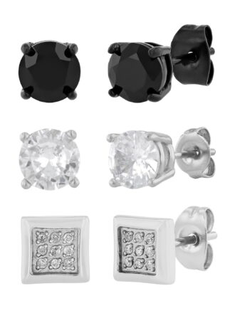 Men's Stainless Steel Set of 3 Black and White Finish Stud Earrings - Believe by Brilliance