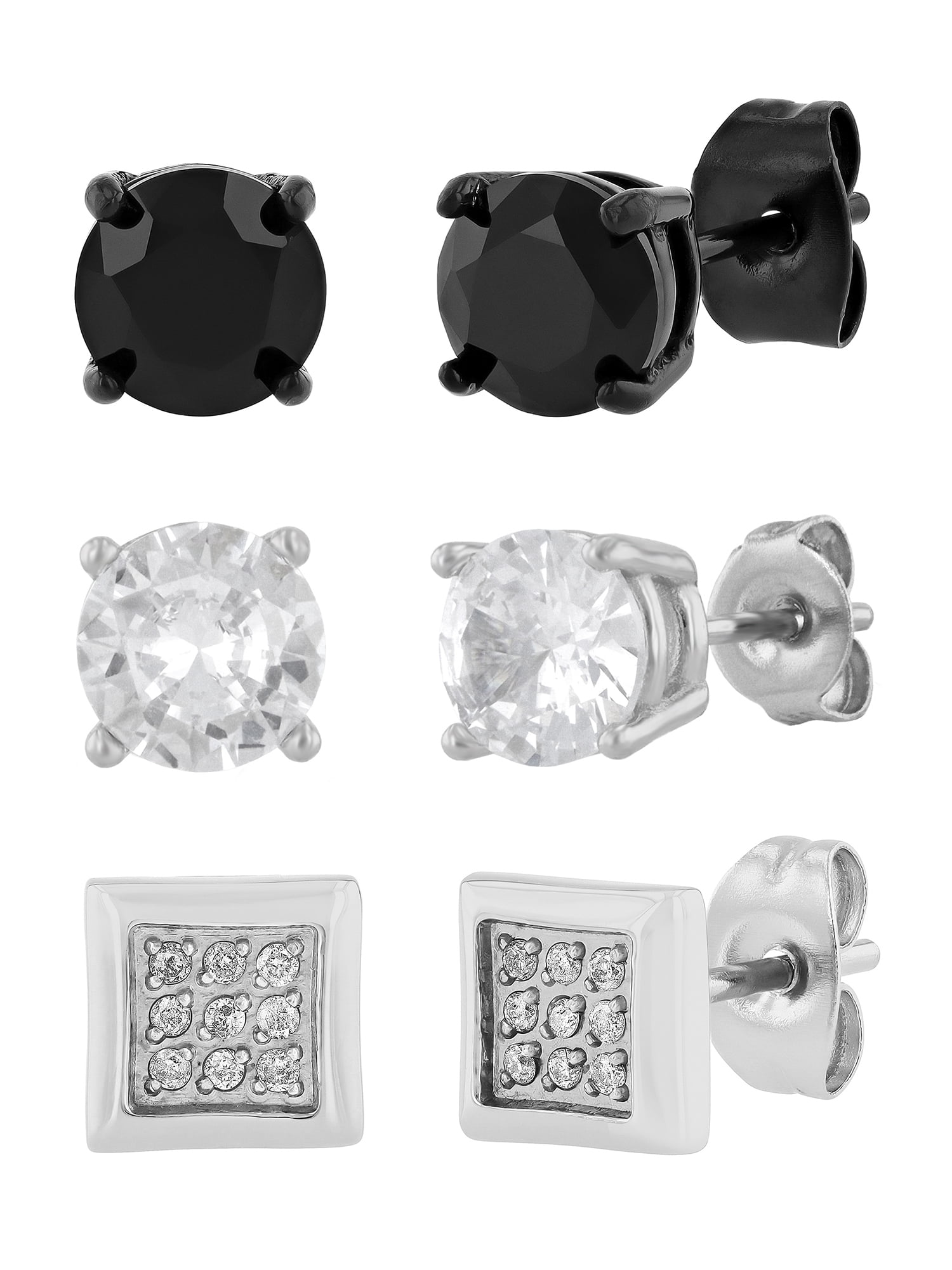 Men's Stainless Steel Set of 3 Black and White Finish Stud Earrings - Believe by Brilliance
