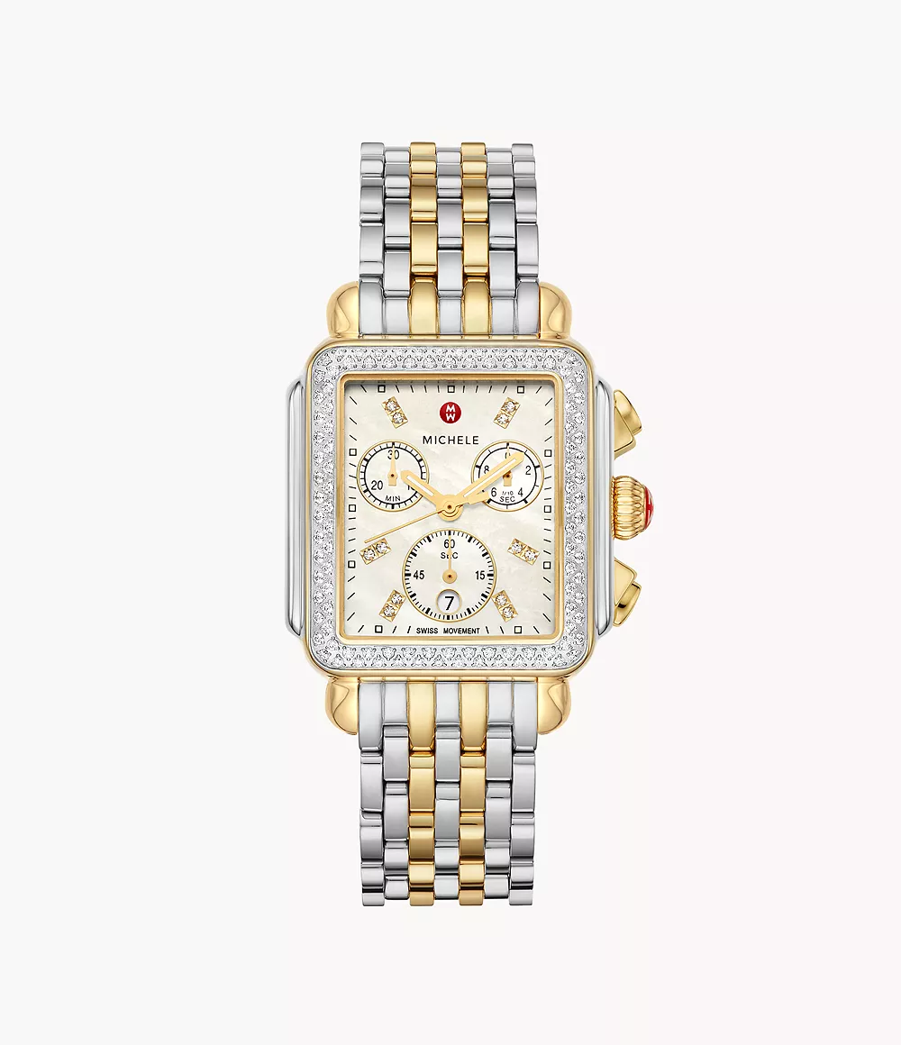MICHELE Deco Diamond Chronograph Watch Head & Bracelet, 33mm in Gold/Silver at Nordstrom - Image 2