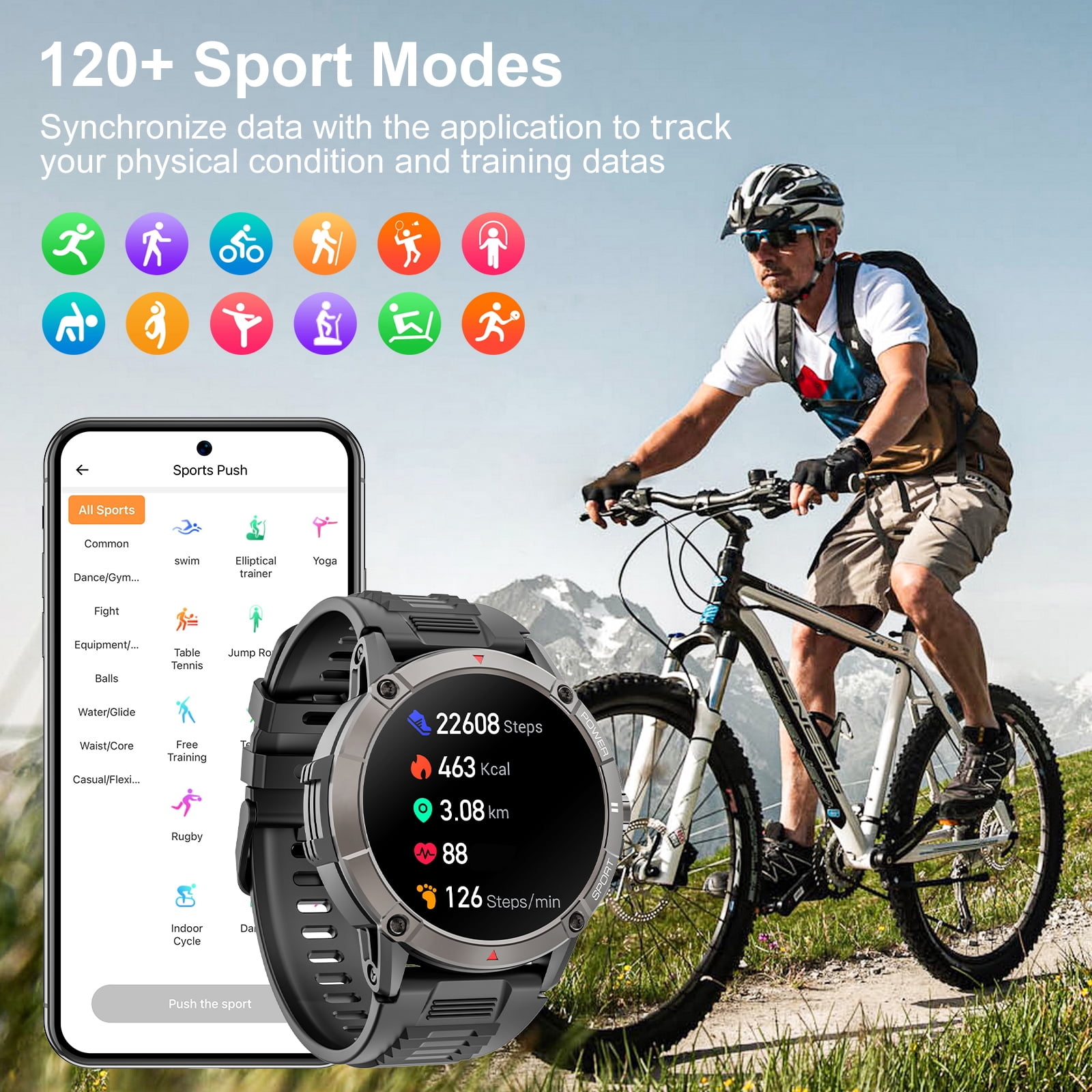 Mingdaln Military Smart watch for men,1.52'' AMOLED with 120+ Sport Modes/ IP68 Waterproof /Bluetooth Call, Rugged Fitness Tracker,smartwatch for Android and iPhone devices(Black) - Image 3