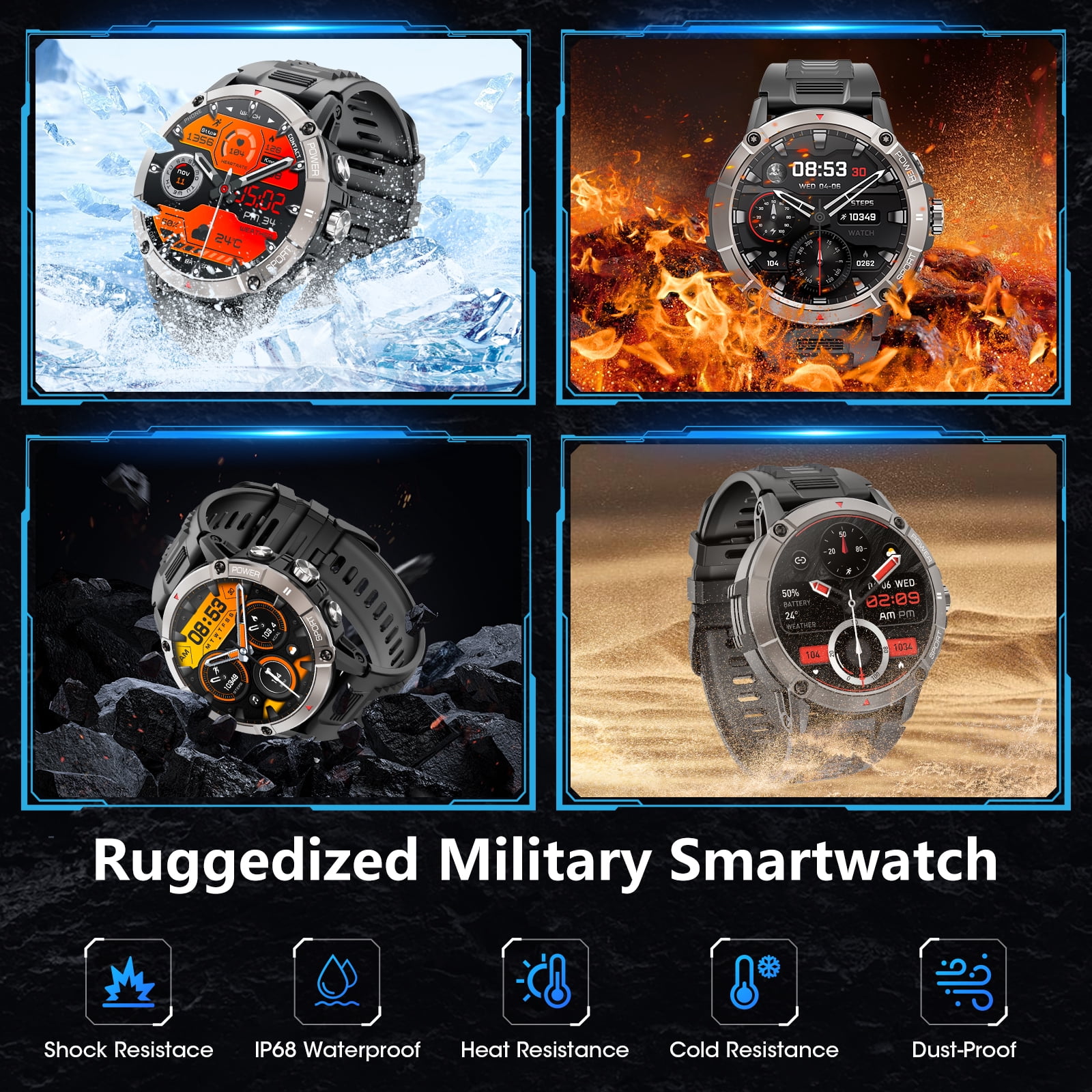 Mingdaln Military Smart watch for men,1.52'' AMOLED with 120+ Sport Modes/ IP68 Waterproof /Bluetooth Call, Rugged Fitness Tracker,smartwatch for Android and iPhone devices(Black) - Image 2