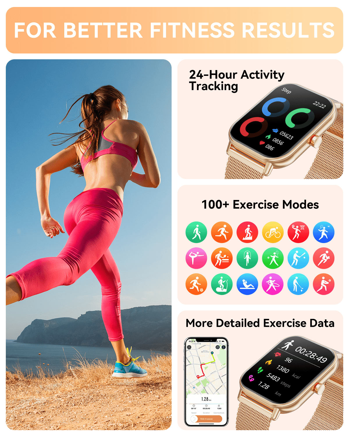 Mingdaln Smart Watch fits for Android and Iphone, IP68 Waterproof, Suitable for Women Men 100+Sports Modes 1.85 inch Fitness Tracker, with Answer/Make Calls/Message Reminder, (Two watch straps) - Image 2