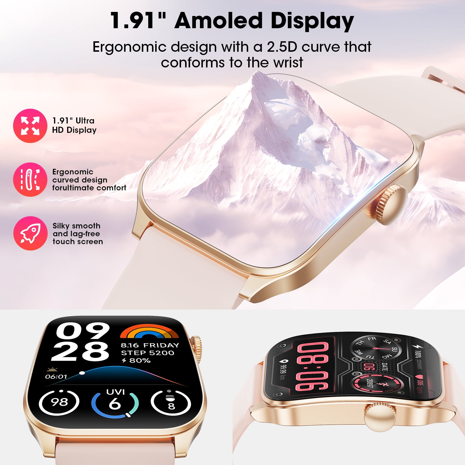 Mingdaln Women Smart Watch for Android Iphone(7 Bands Gift Set), 1.91 Screen IP68 Waterproof Fitness Tracker, Bluetooth Call AI Control,7-Day Battery, Gold - Image 5