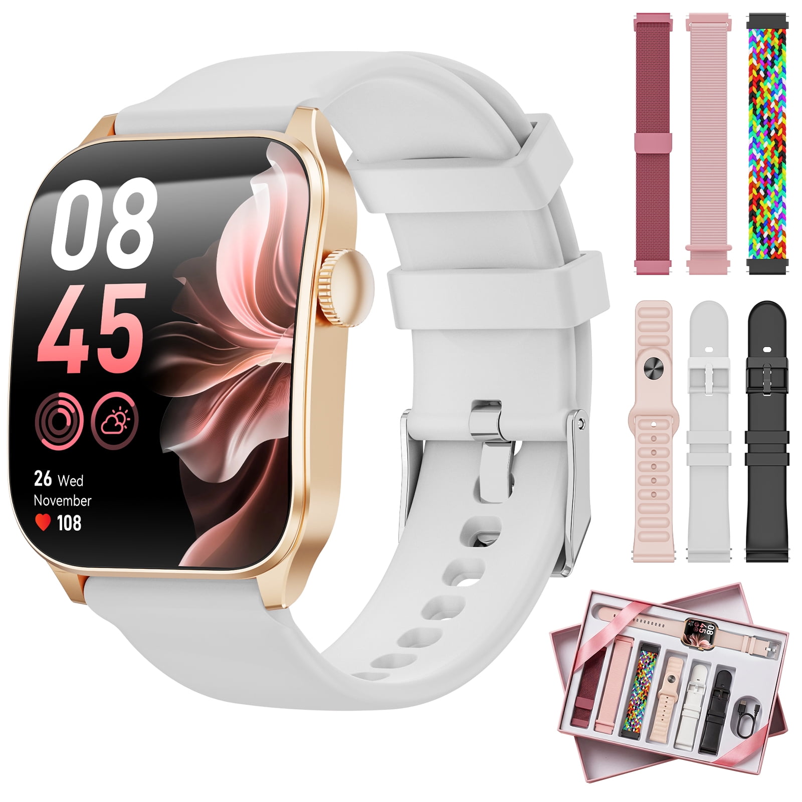 Mingdaln Women Smart Watch for Android Iphone(7 Bands Gift Set), 1.91 Screen IP68 Waterproof Fitness Tracker, Bluetooth Call AI Control,7-Day Battery, Gold