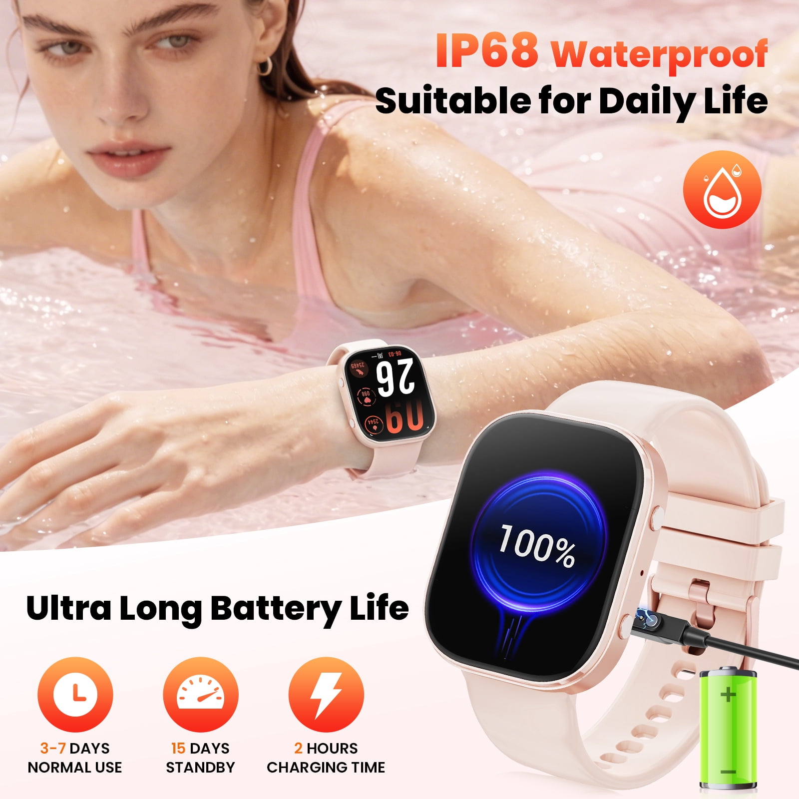 Minsxk 1.88''HD Smart Watch Fits for Android and IPhone,Smartwatch for Women Men, IP68 Waterproof, Bluetooth Answer Calls, Fitness Tracker with Multi Sport Modes,for Gift (Pink) - Image 3