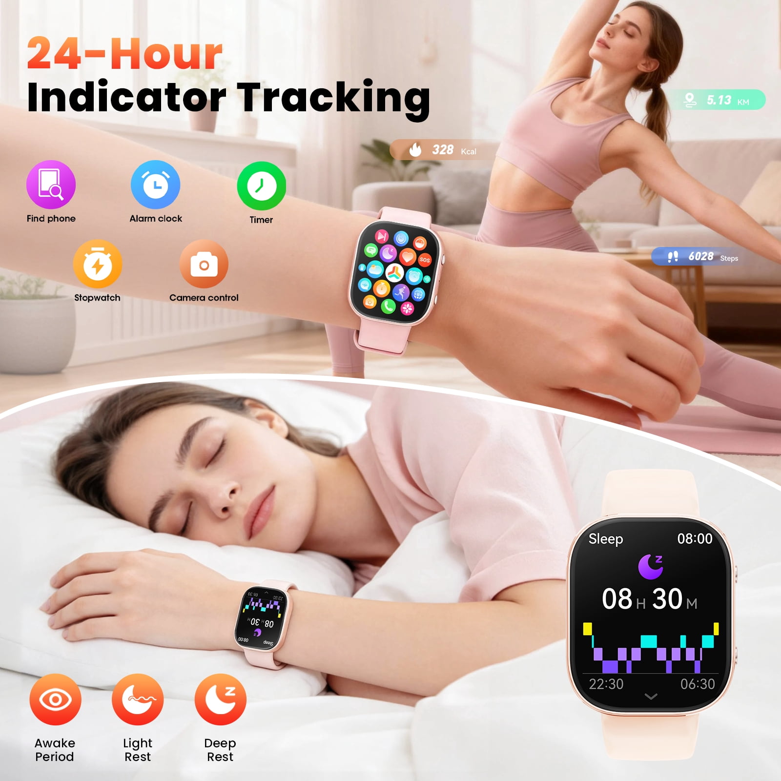 Minsxk 1.88''HD Smart Watch Fits for Android and IPhone,Smartwatch for Women Men, IP68 Waterproof, Bluetooth Answer Calls, Fitness Tracker with Multi Sport Modes,for Gift (Pink) - Image 2