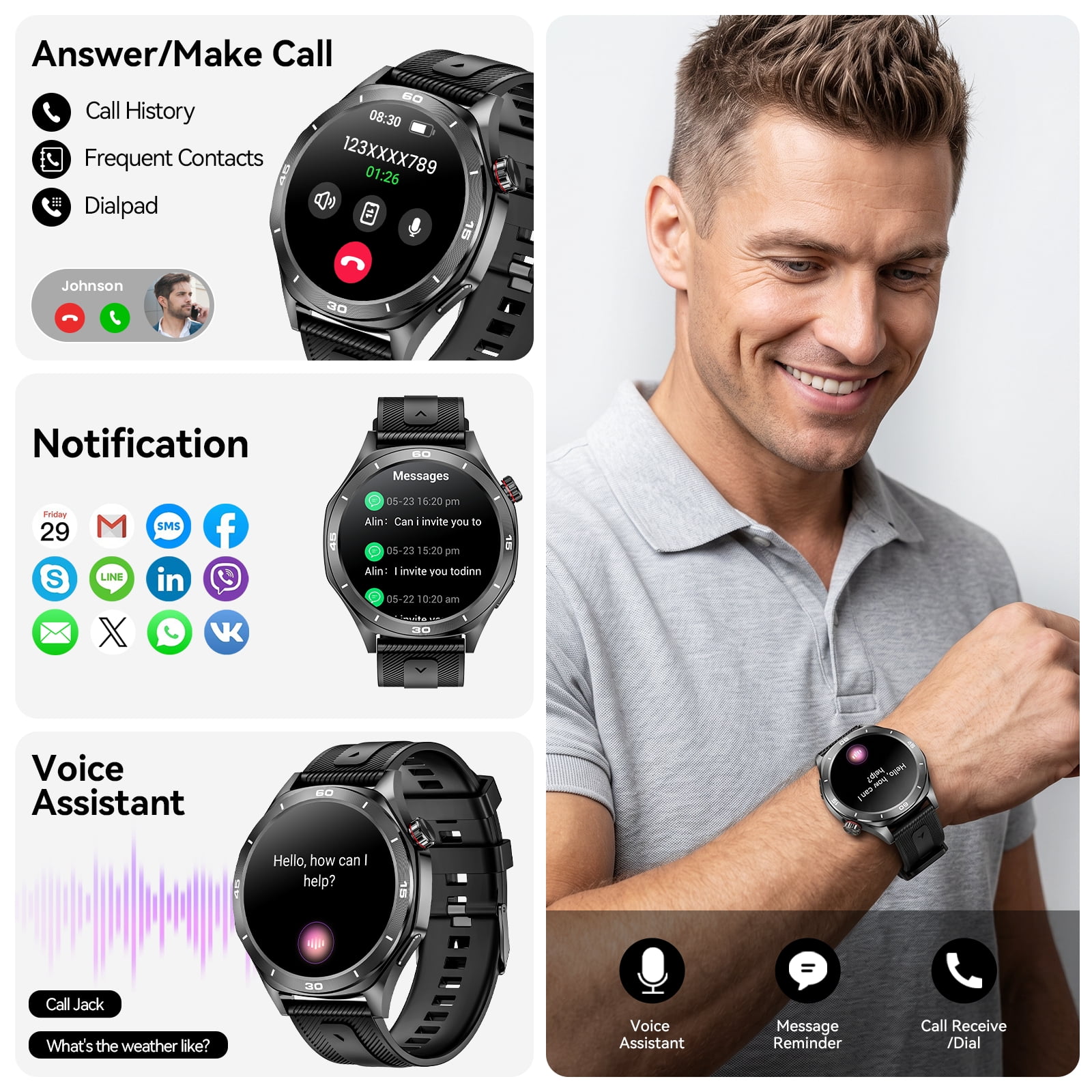 Minsxk Smart Watch Fits for Android and Iphone, 1.52" HD Fitness Tracker,120+ Sport Modes, Smartwatch with Bluetooth Calls/Answer,Smart Watches for Men Women,Ip68 Waterproof,for Gift Black - Image 4