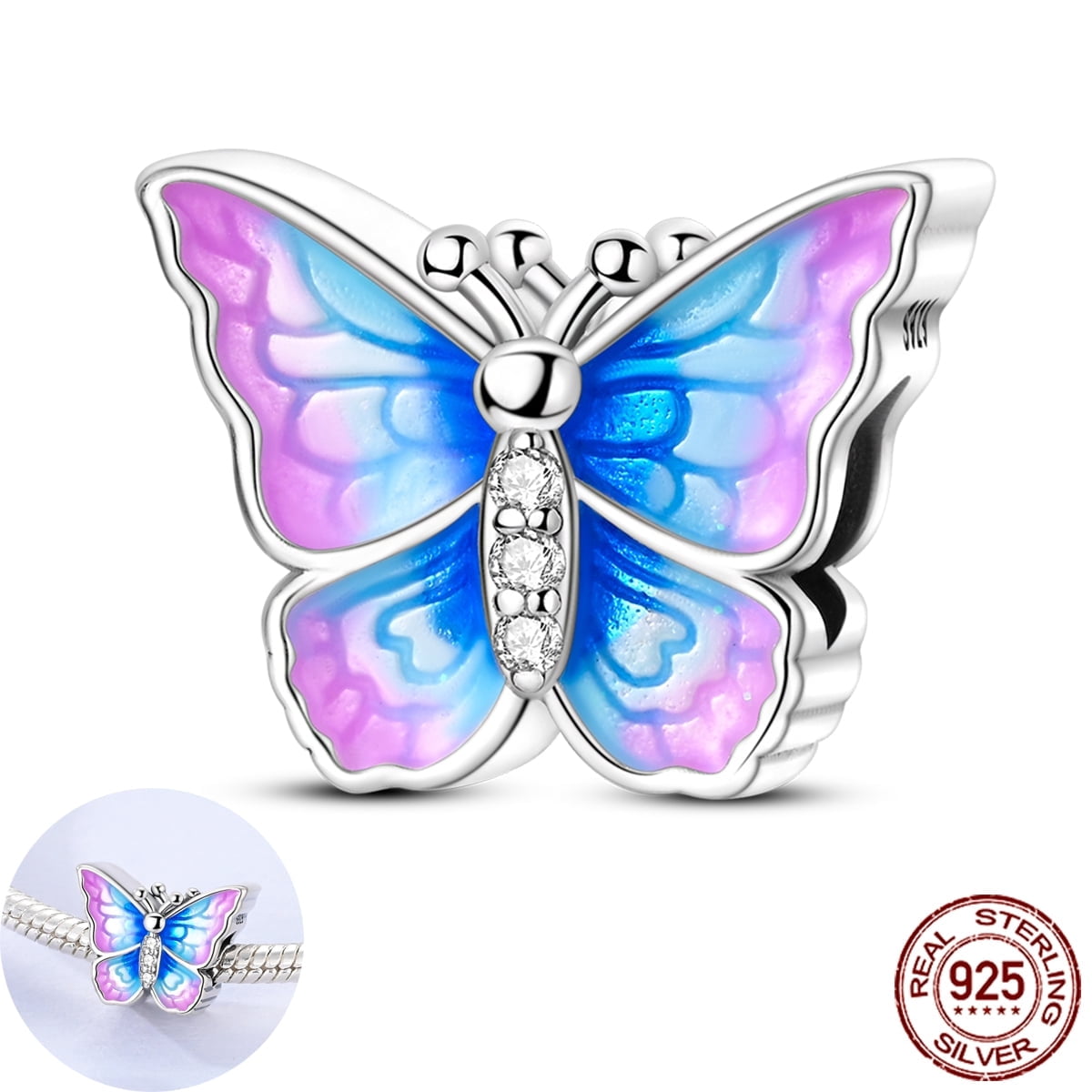 MULA 925 Sterling Silver Purple Butterfly Charm, Sparkling AAA CZ DIY Fit European Bracelet Women's Jewelry Gift for Her