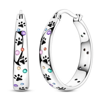 NARMO 925 Sterling Silver Cute Enamel Pawprint 22mm Hoop Huggie Earrings, Colorful Cubic Zirconia Hypoallergenic Women's Jewelry Birthday Gift for Her with Box