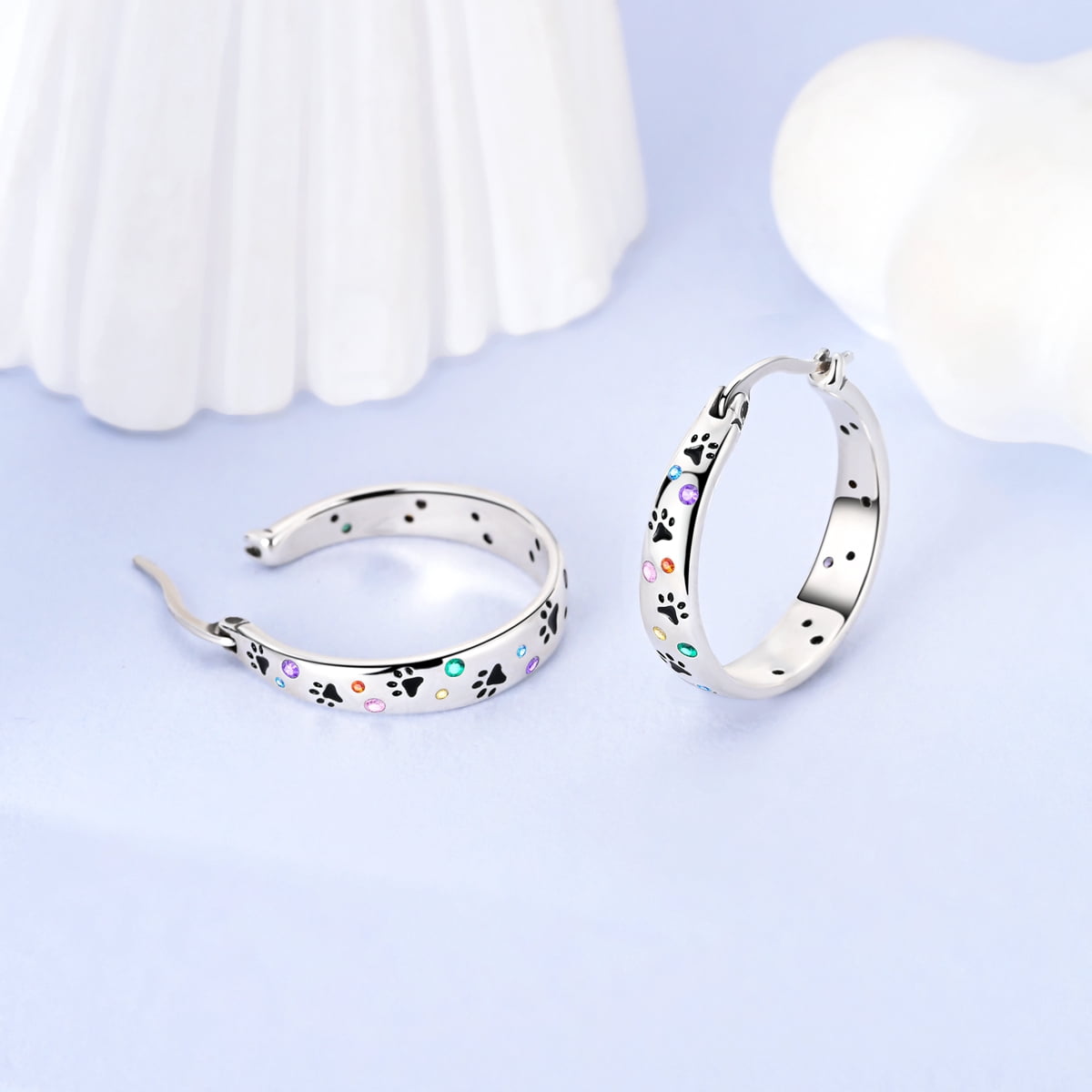 NARMO 925 Sterling Silver Cute Enamel Pawprint 22mm Hoop Huggie Earrings, Colorful Cubic Zirconia Hypoallergenic Women's Jewelry Birthday Gift for Her with Box - Image 3