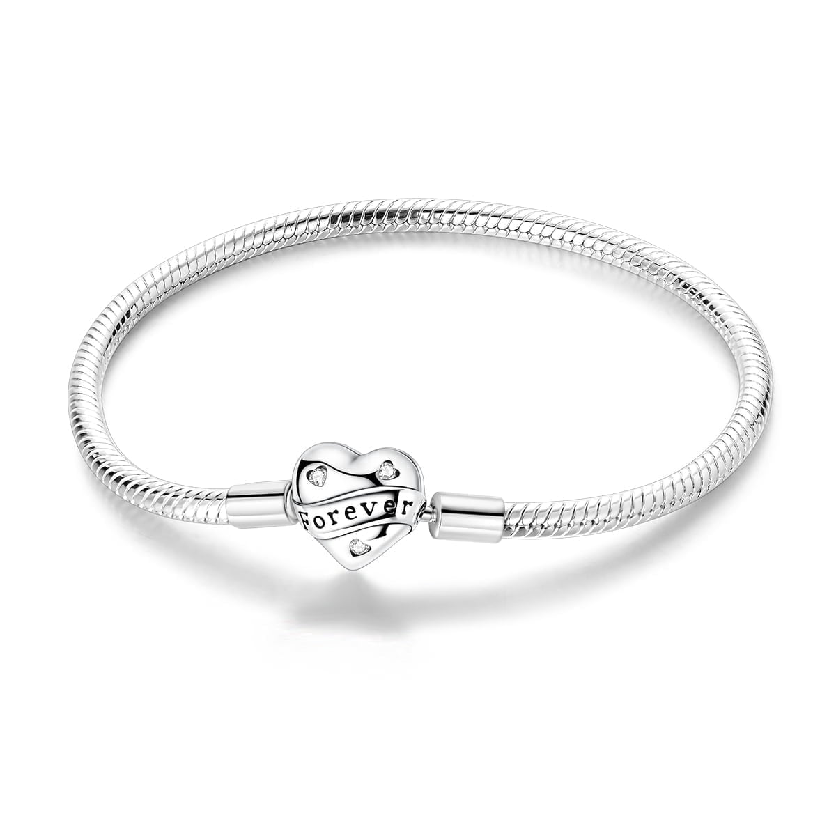NARMO European 925 Sterling Silver Cubic Zirconia Heart Clasp Snake Bracelet fit Charms Beads Pendant for Women Jewelry