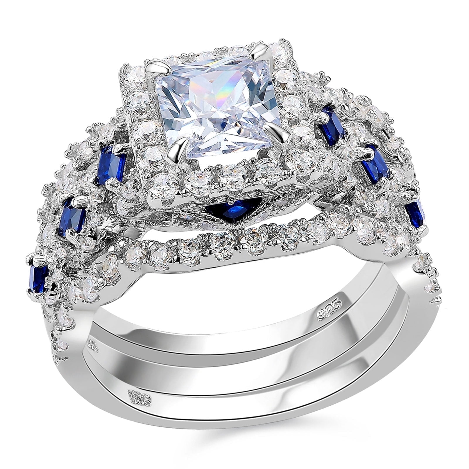 Newshe Jewellery Wedding Ring Set For Women 925 Sterling Silver Engagement 2.5ct Princess White 3pcs Cz Blue