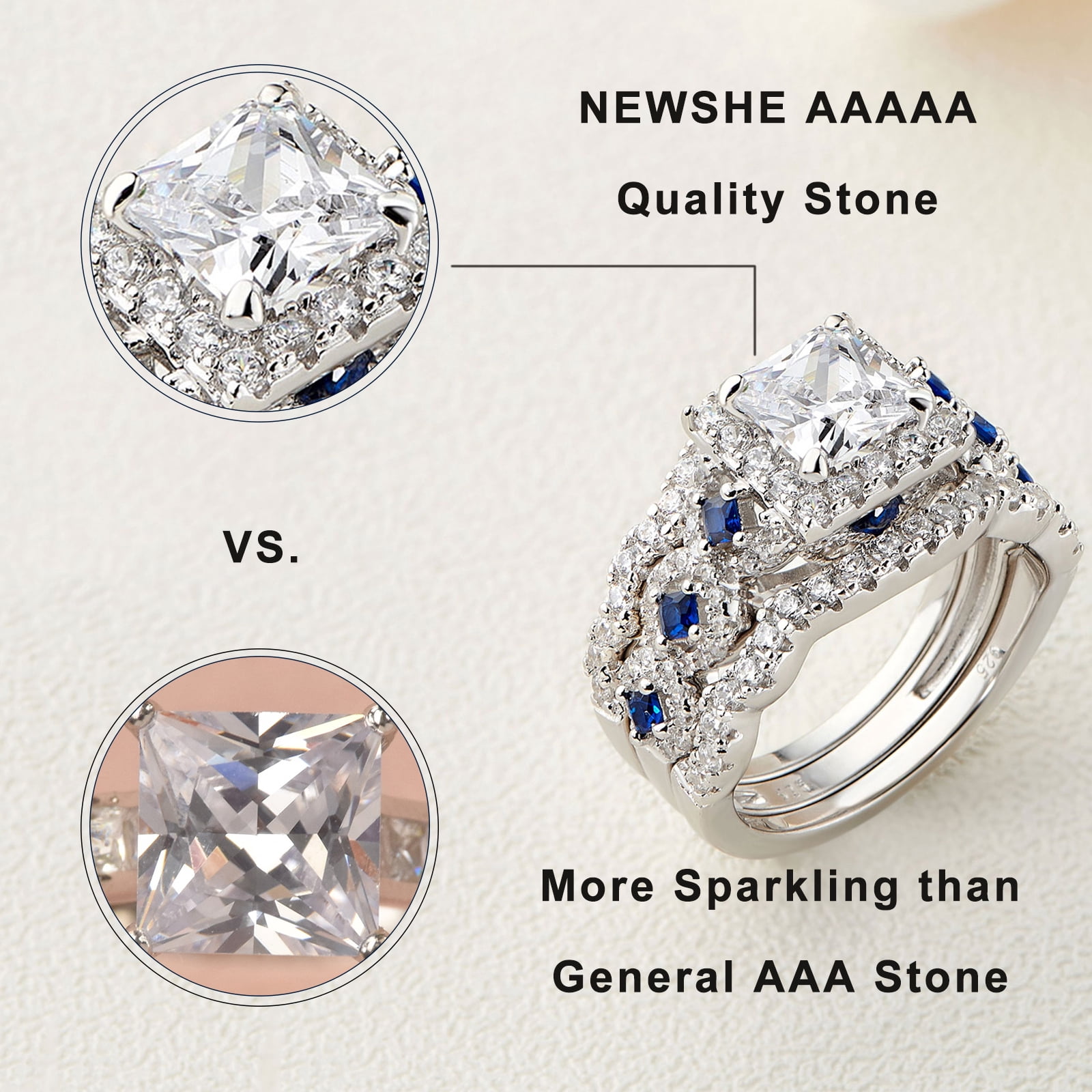 Newshe Jewellery Wedding Ring Set For Women 925 Sterling Silver Engagement 2.5ct Princess White 3pcs Cz Blue - Image 2