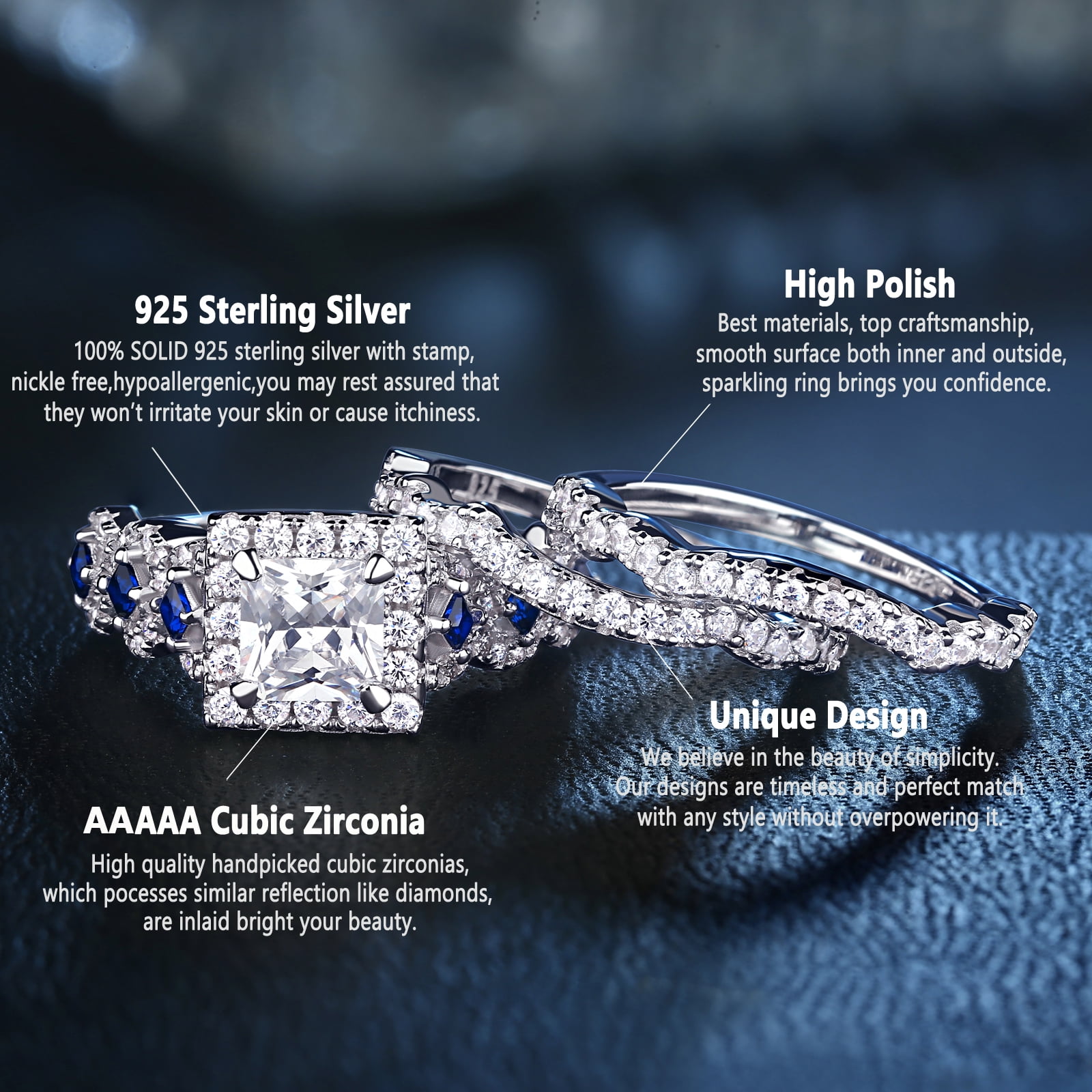 Newshe Jewellery Wedding Ring Set For Women 925 Sterling Silver Engagement 2.5ct Princess White 3pcs Cz Blue - Image 5