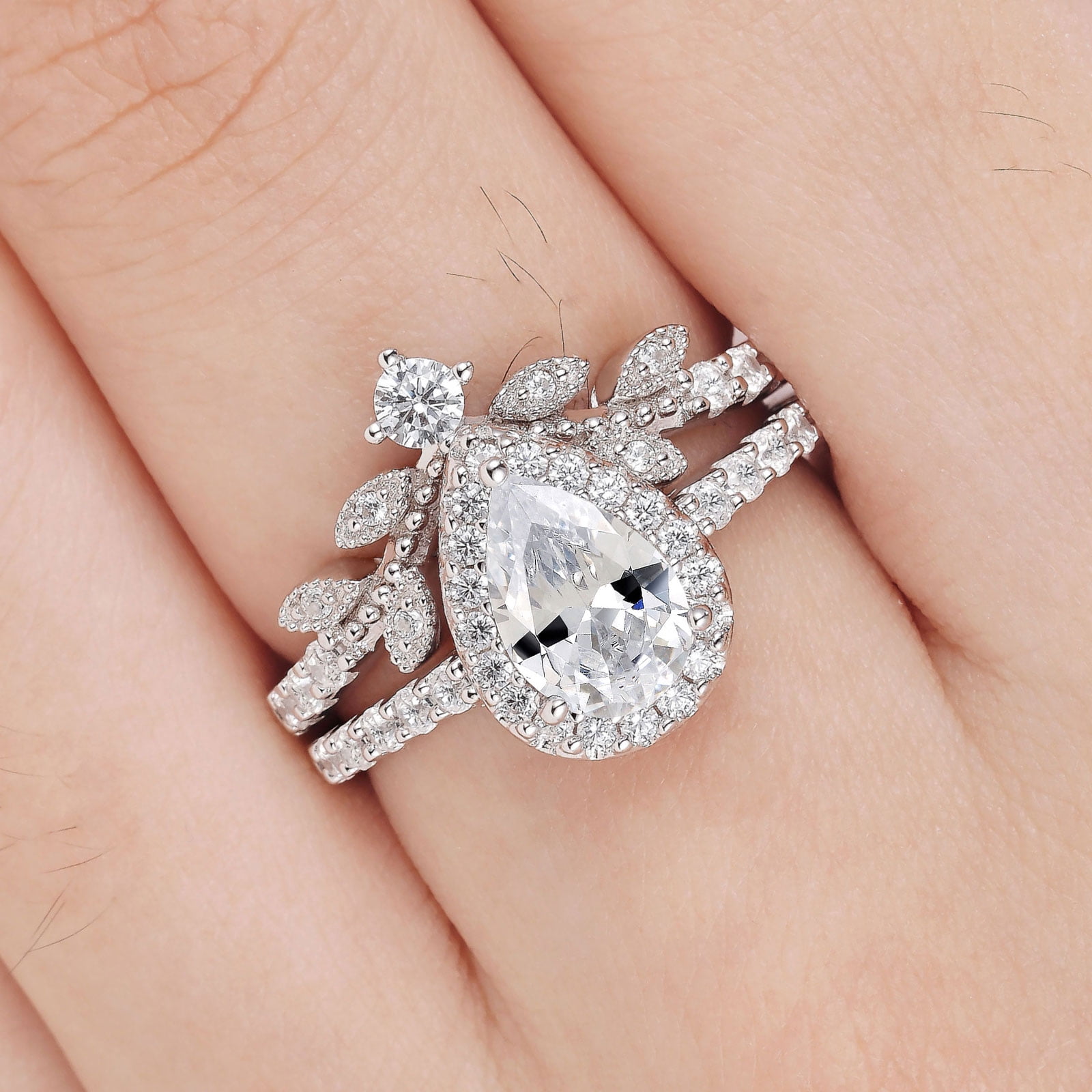 Newshe Jewellery Wedding Ring Set for Women Vintage 925 Sterling Silver Pear Shaped Cz Bridal Set - Image 3