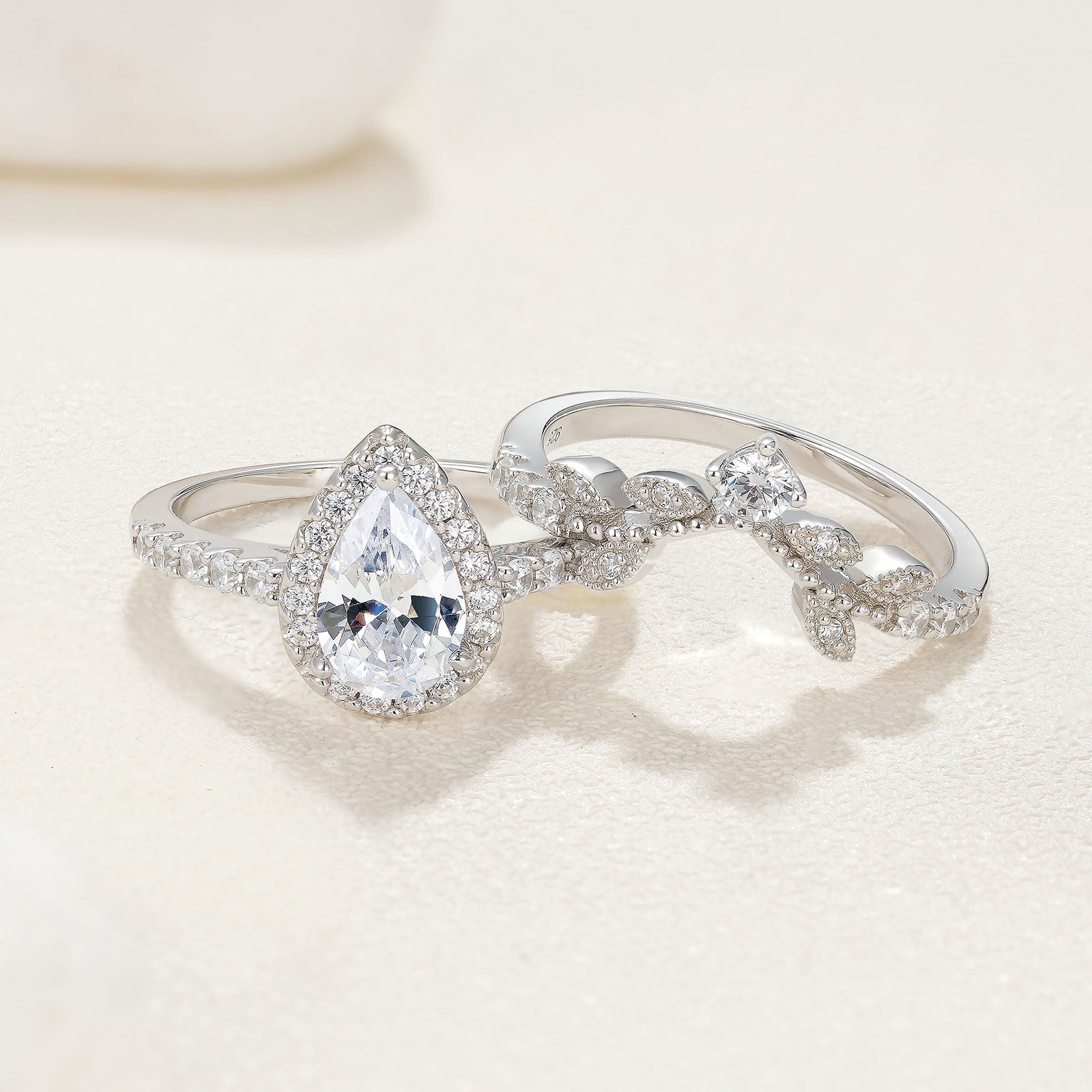 Newshe Jewellery Wedding Ring Set for Women Vintage 925 Sterling Silver Pear Shaped Cz Bridal Set - Image 4