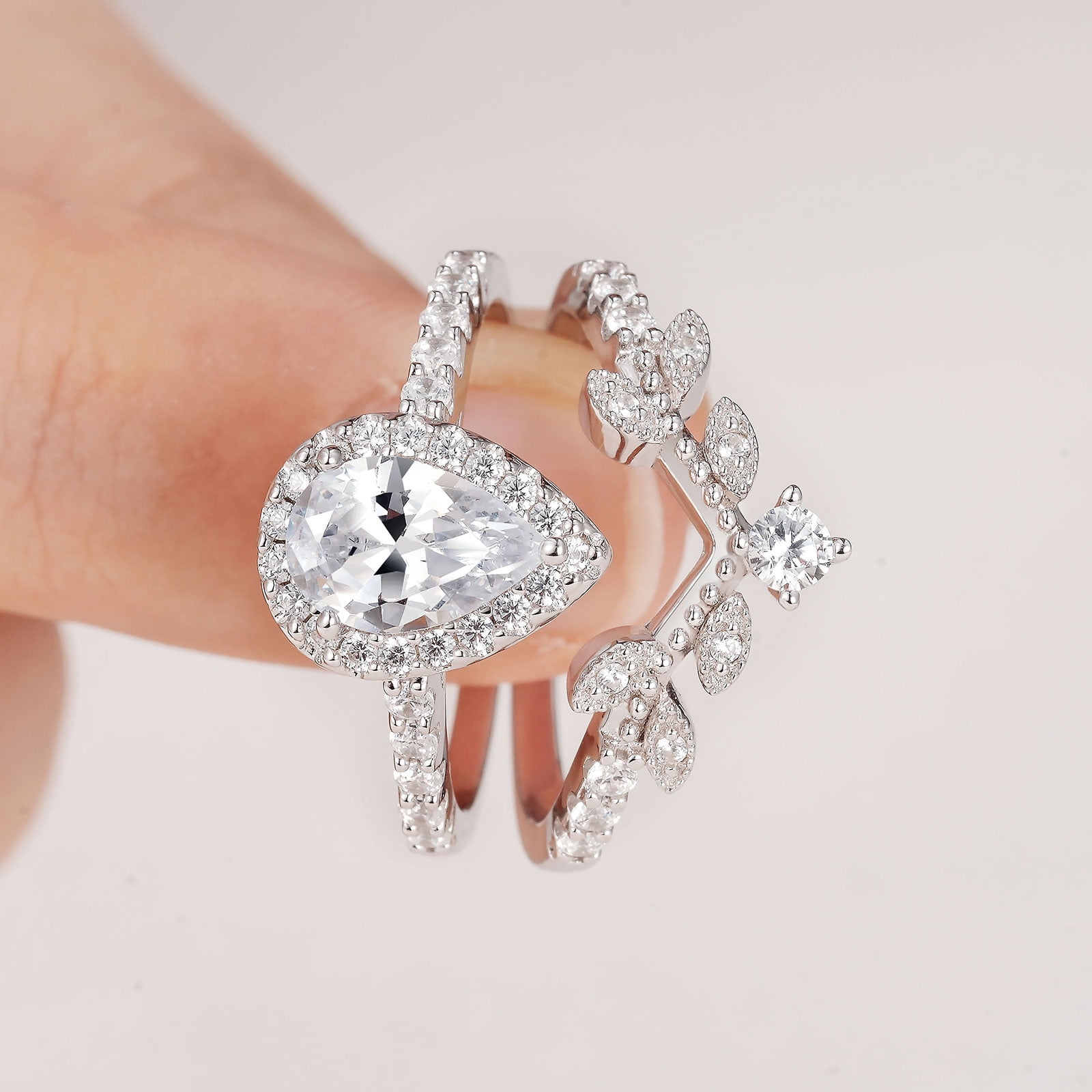 Newshe Jewellery Wedding Ring Set for Women Vintage 925 Sterling Silver Pear Shaped Cz Bridal Set - Image 2