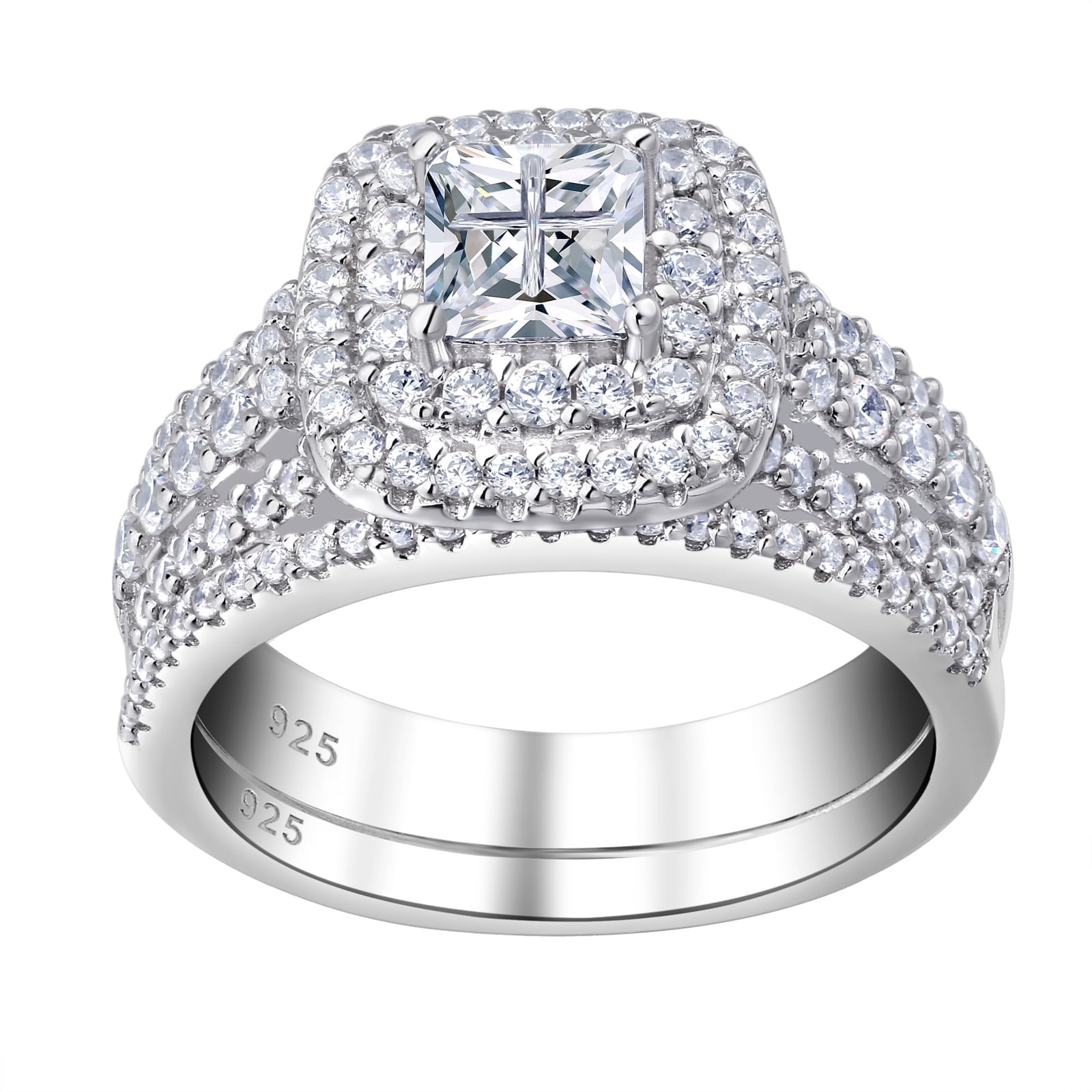 Newshe Jewellery Wedding Rings for Women Princess Engagement Ring Sets 925 Sterling Silver 1.7Ct Cross Cz