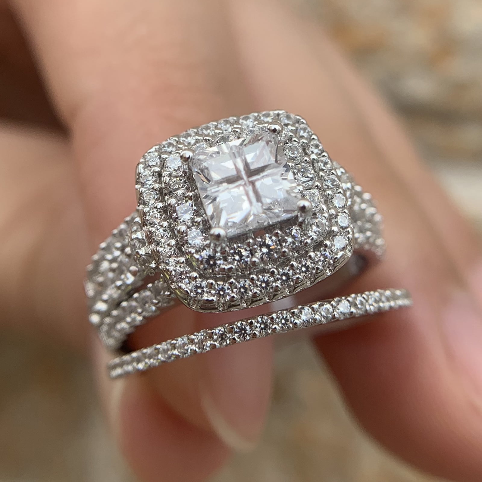 Newshe Jewellery Wedding Rings for Women Princess Engagement Ring Sets 925 Sterling Silver 1.7Ct Cross Cz - Image 5