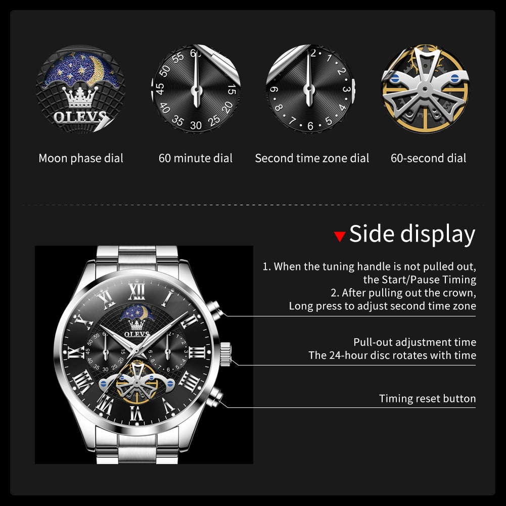 OLEVS Chronograph Watches for Men Waterproof Business Dress Analog Quartz Luxury Moon Phase Stainless Steel Roman Numeral Luminous Casual Mens Wrist Watches Reloj Para Hombre - Image 4