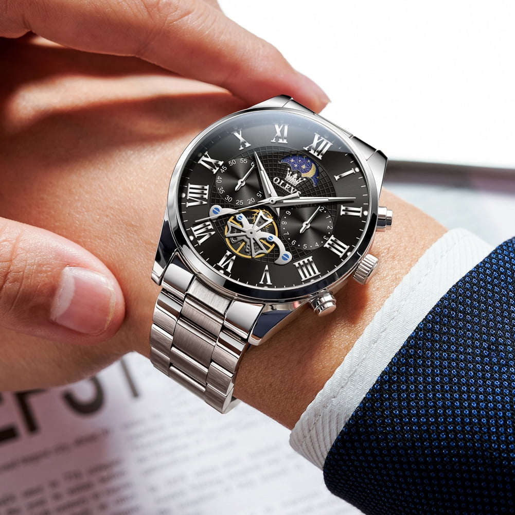 OLEVS Chronograph Watches for Men Waterproof Business Dress Analog Quartz Luxury Moon Phase Stainless Steel Roman Numeral Luminous Casual Mens Wrist Watches Reloj Para Hombre - Image 5