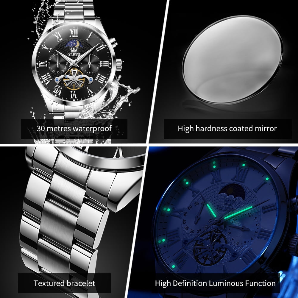 OLEVS Chronograph Watches for Men Waterproof Business Dress Analog Quartz Luxury Moon Phase Stainless Steel Roman Numeral Luminous Casual Mens Wrist Watches Reloj Para Hombre - Image 3