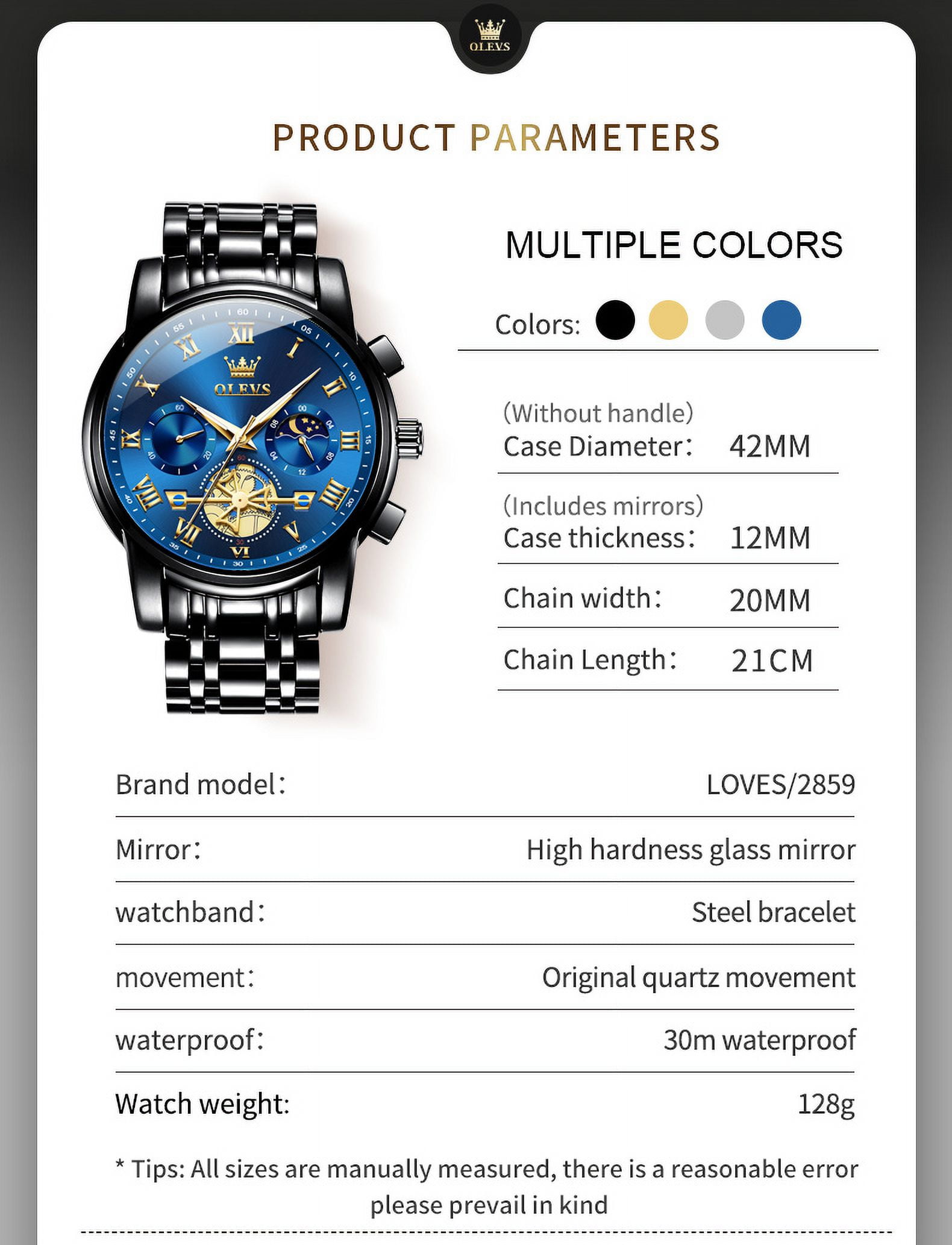 OLEVS Mens Watches Chronograph Business Dress Quartz Stainless Steel Waterproof Luminous Date Wrist Watch For Men Blue Dial - Image 3