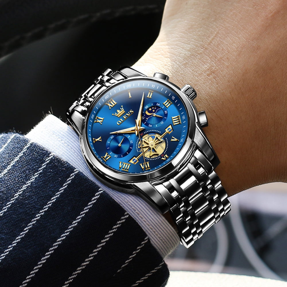 OLEVS Mens Watches Chronograph Business Dress Quartz Stainless Steel Waterproof Luminous Date Wrist Watch For Men Blue Dial - Image 4