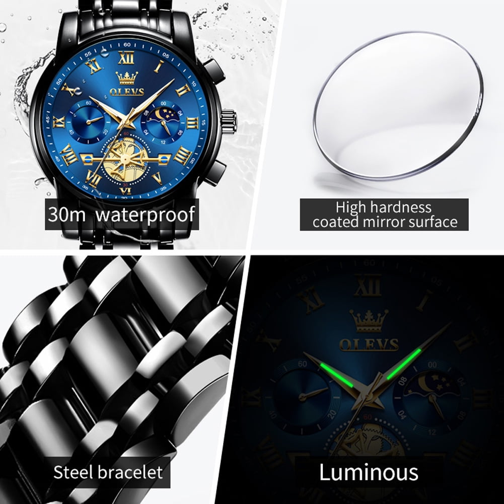 OLEVS Mens Watches Chronograph Business Dress Quartz Stainless Steel Waterproof Luminous Date Wrist Watch For Men Blue Dial - Image 2