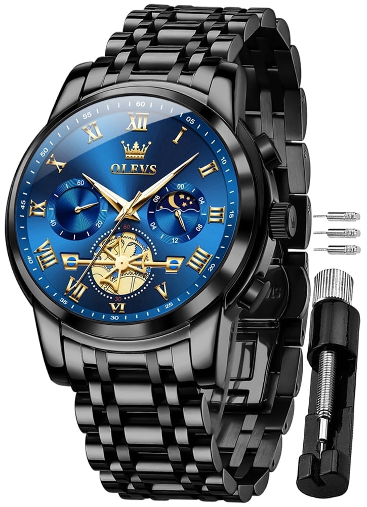 OLEVS Mens Watches Chronograph Business Dress Quartz Stainless Steel Waterproof Luminous Date Wrist Watch For Men Blue Dial