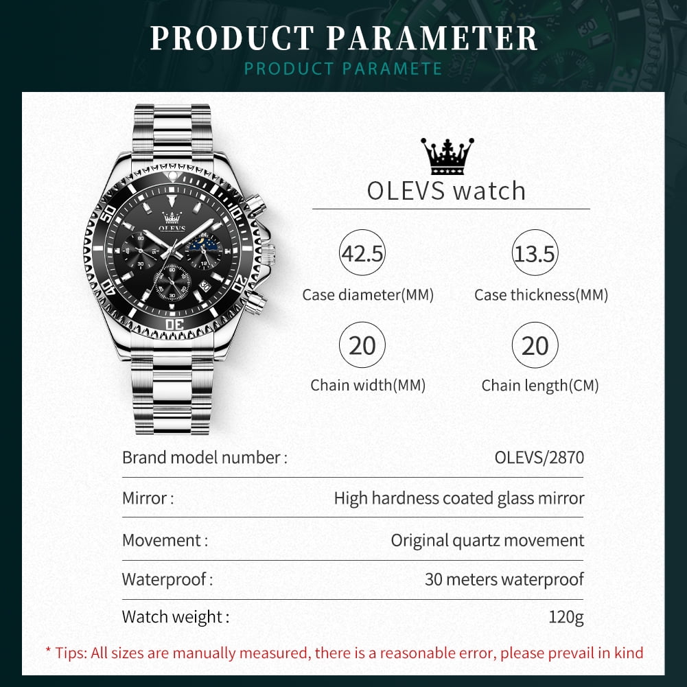 OLEVS Mens Watches Chronograph Luxury Dress Moon Phase Quartz Stainless Steel Waterproof Luminous Business Calendar Wrist Watch Black Dial - Image 3