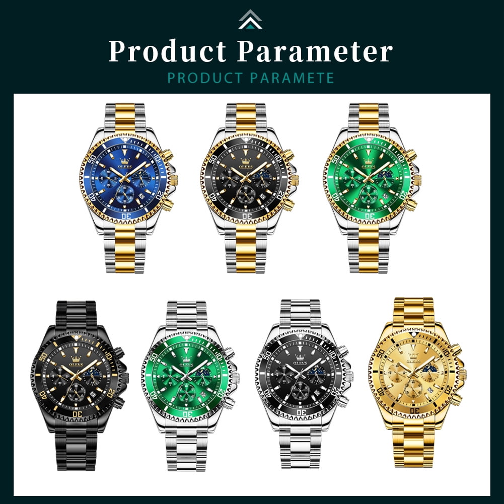 OLEVS Mens Watches Chronograph Luxury Dress Moon Phase Quartz Stainless Steel Waterproof Luminous Business Calendar Wrist Watch Black Dial - Image 5