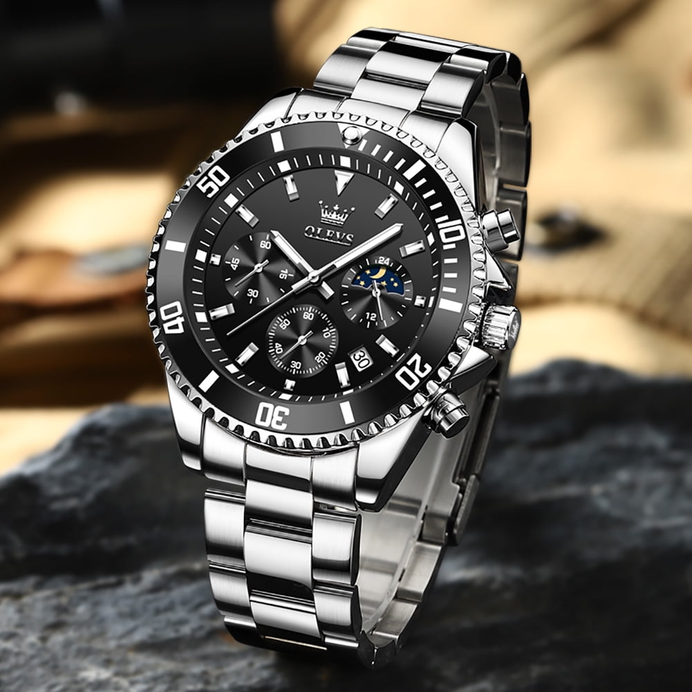 OLEVS Mens Watches Chronograph Luxury Dress Moon Phase Quartz Stainless Steel Waterproof Luminous Business Calendar Wrist Watch Black Dial - Image 4