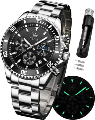 OLEVS Mens Watches Chronograph Luxury Dress Moon Phase Quartz Stainless Steel Waterproof Luminous Business Calendar Wrist Watch Black Dial